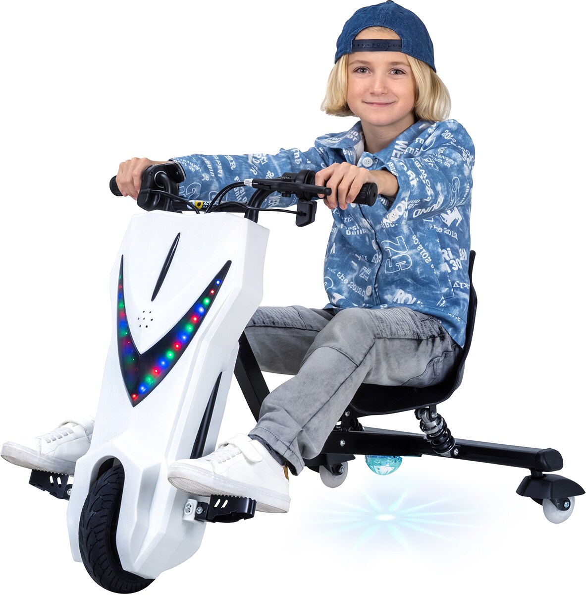 Elektro-Drift-Trike für Kinder, Drift-Scooter, bis zu 15km/h, drosselbar, Hupe, LED-Driftrollen 360° (Weiß Matt) | 04056551206190