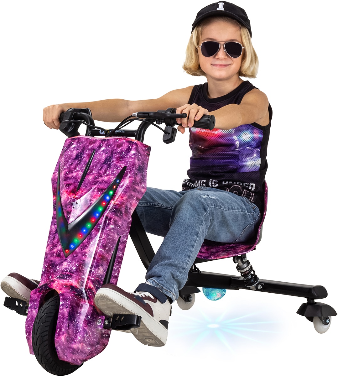 Elektro-Drift-Trike f&uuml;r Kinder, Drift-Scooter, bis zu 15km/h, drosselbar, Hupe, LED-Driftrollen 360&deg; (Space Purple) - Bild 1