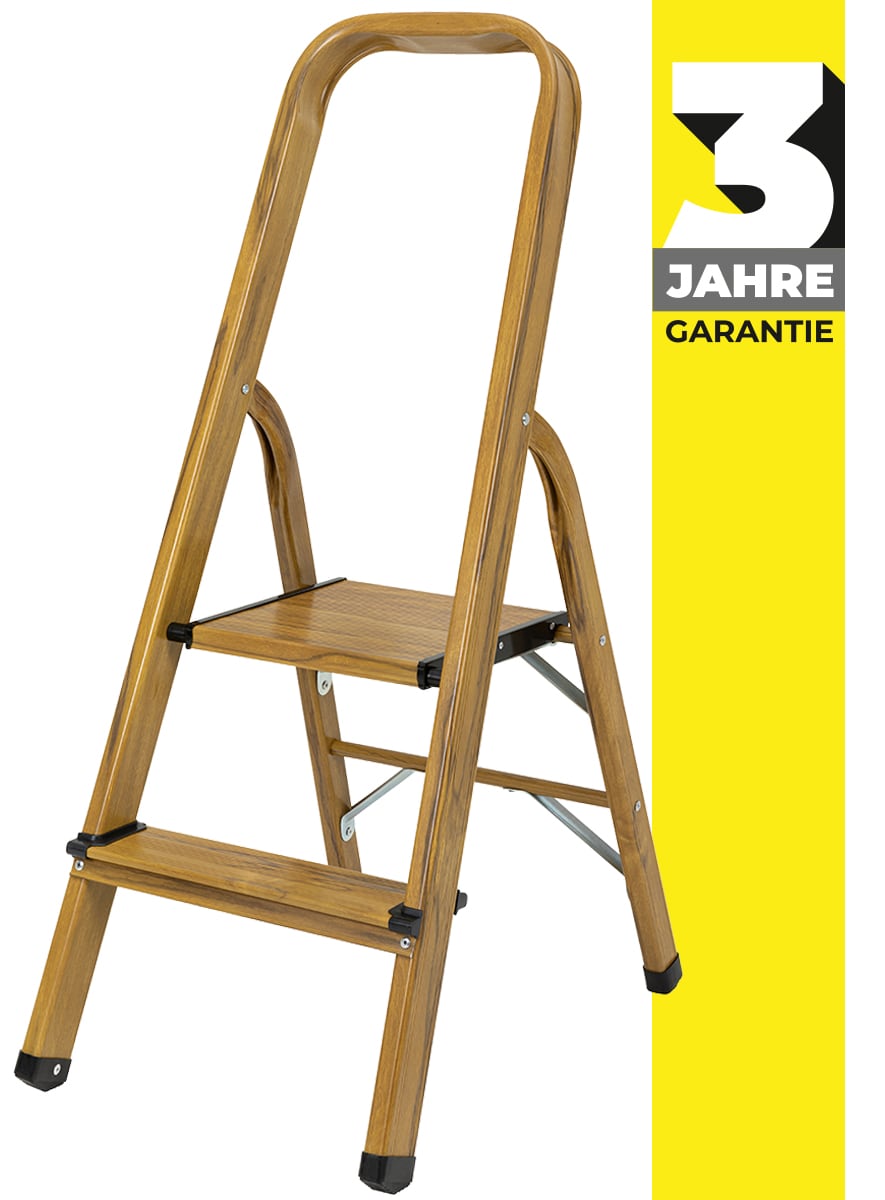 Craftfull Stehleiter CF-133A, Aluminium-Haushaltsleiter, 2-6 Stufen, gummierte Standf&uuml;&szlig;e, bis 150 kg (2 Stufen Holz Edition) - Bild 1