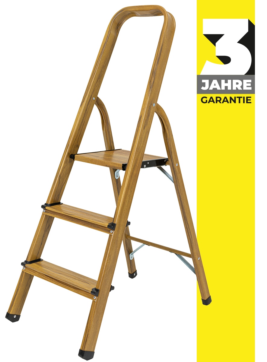 Craftfull Stehleiter CF-133A, Aluminium-Haushaltsleiter, 2-6 Stufen, gummierte Standf&uuml;&szlig;e, bis 150 kg (3 Stufen Holz Edition) - Bild 1