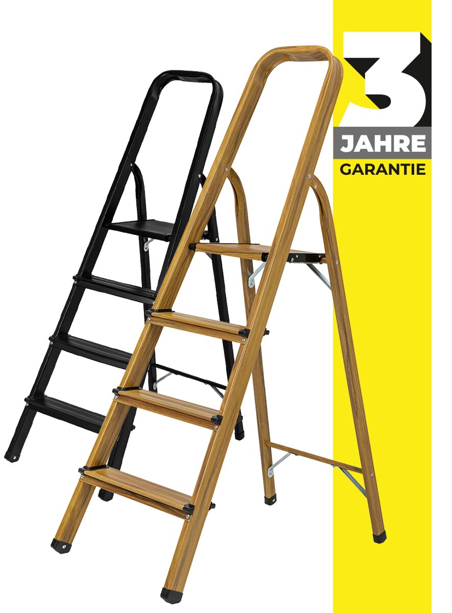 Craftfull Stehleiter CF-133A, Aluminium-Haushaltsleiter, 2-6 Stufen, gummierte Standf&uuml;&szlig;e, bis 150 kg (4 Stufen Holz Edition) - Bild 1