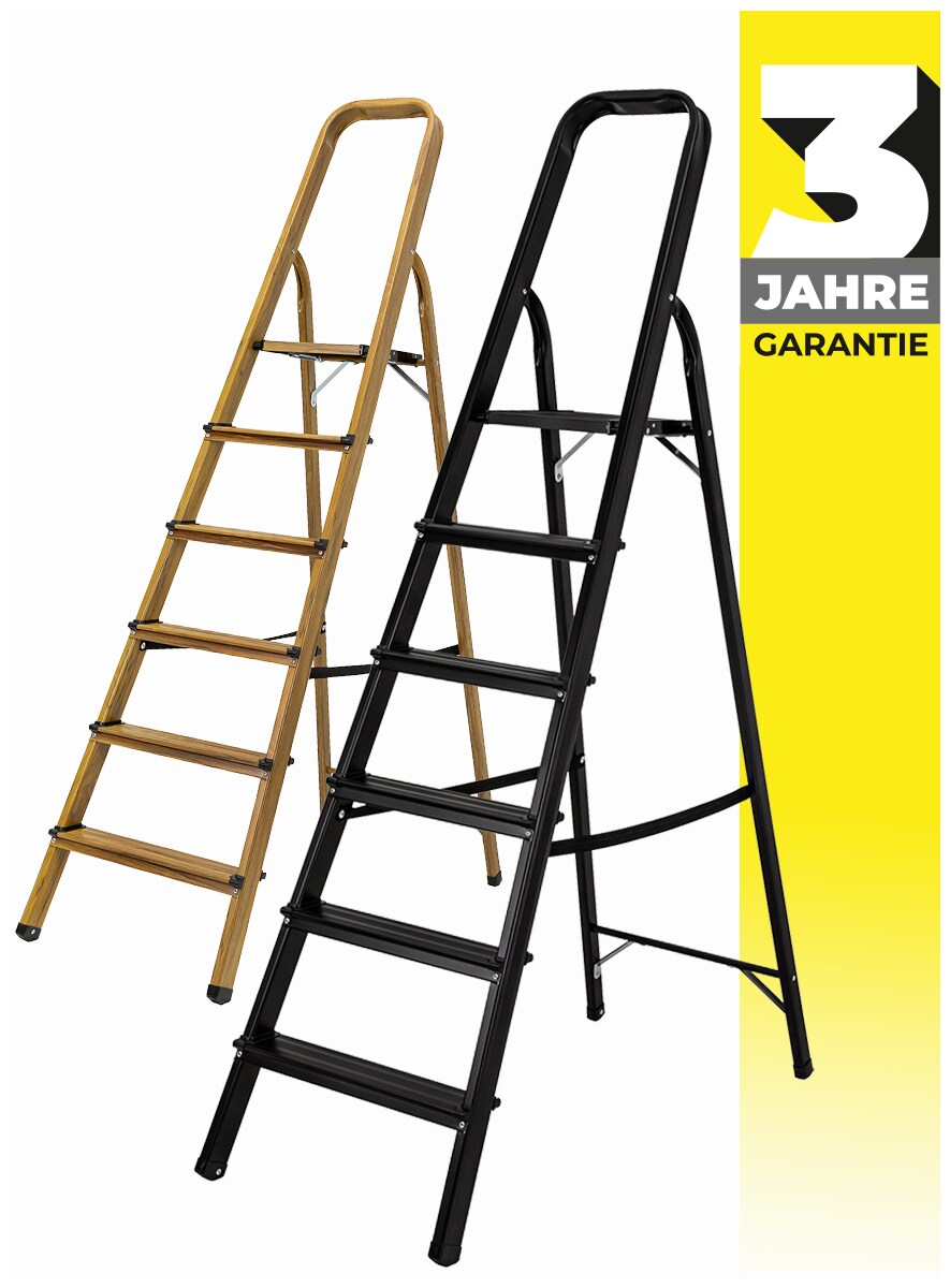 Craftfull Stehleiter CF-133A, Aluminium-Haushaltsleiter, 2-6 Stufen, gummierte Standfüße, bis 150 kg (6 Stufen Black Edition) | 04056551207104