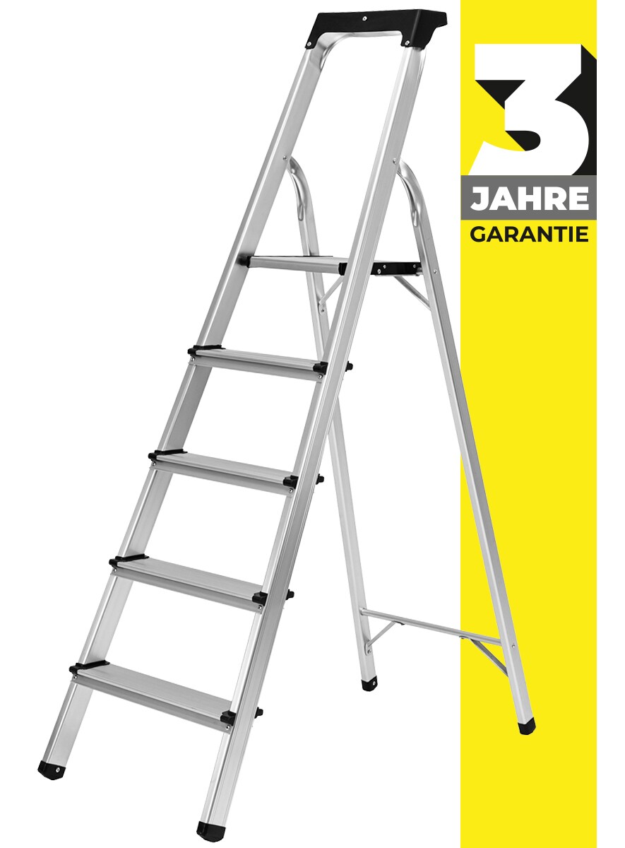 Craftfull Stehleiter CF-133B, Aluminium-Haushaltsleiter, Ablagefläche, Gummi-Standfüße, 3-6 Stufen (5 Stufen) | 04056551207142
