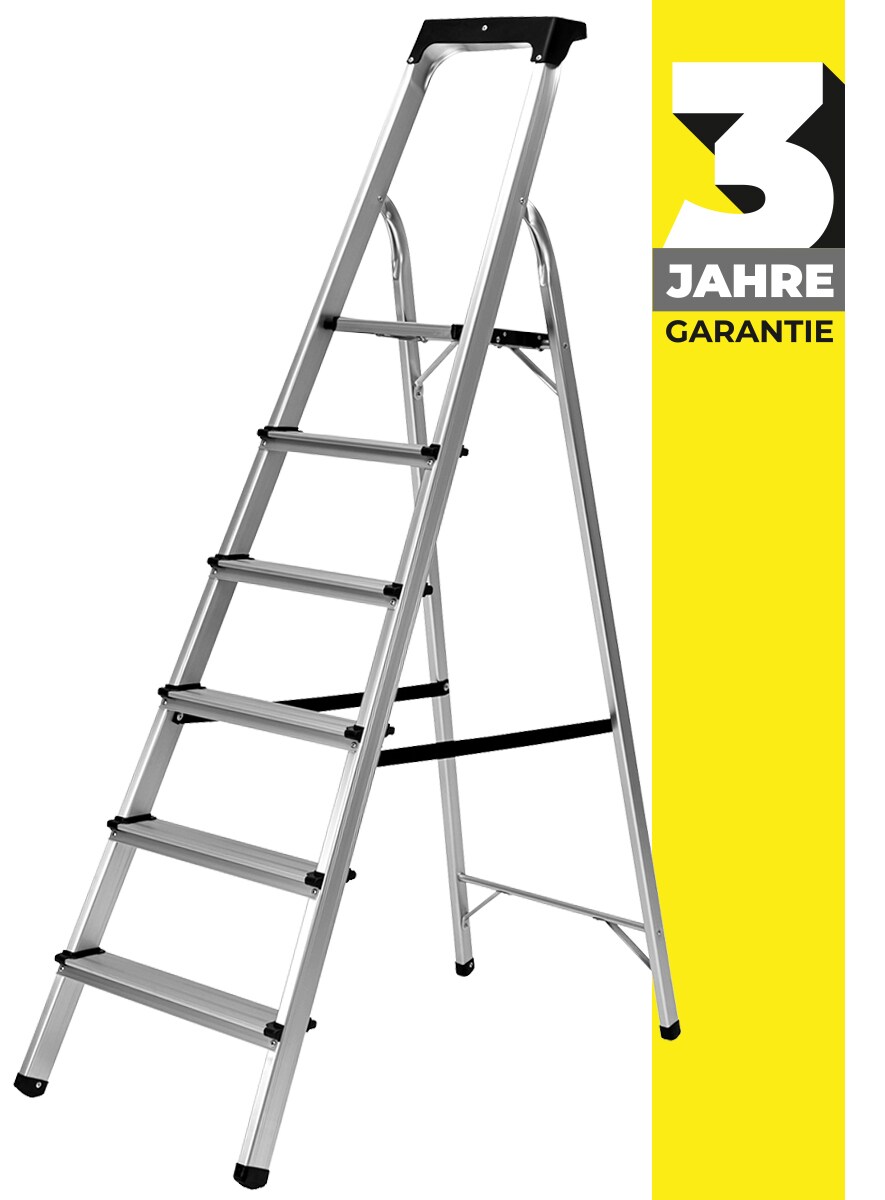 Craftfull Stehleiter CF-133B, Aluminium-Haushaltsleiter, Ablagefläche, Gummi-Standfüße, 3-6 Stufen (6 Stufen) | 04056551207159