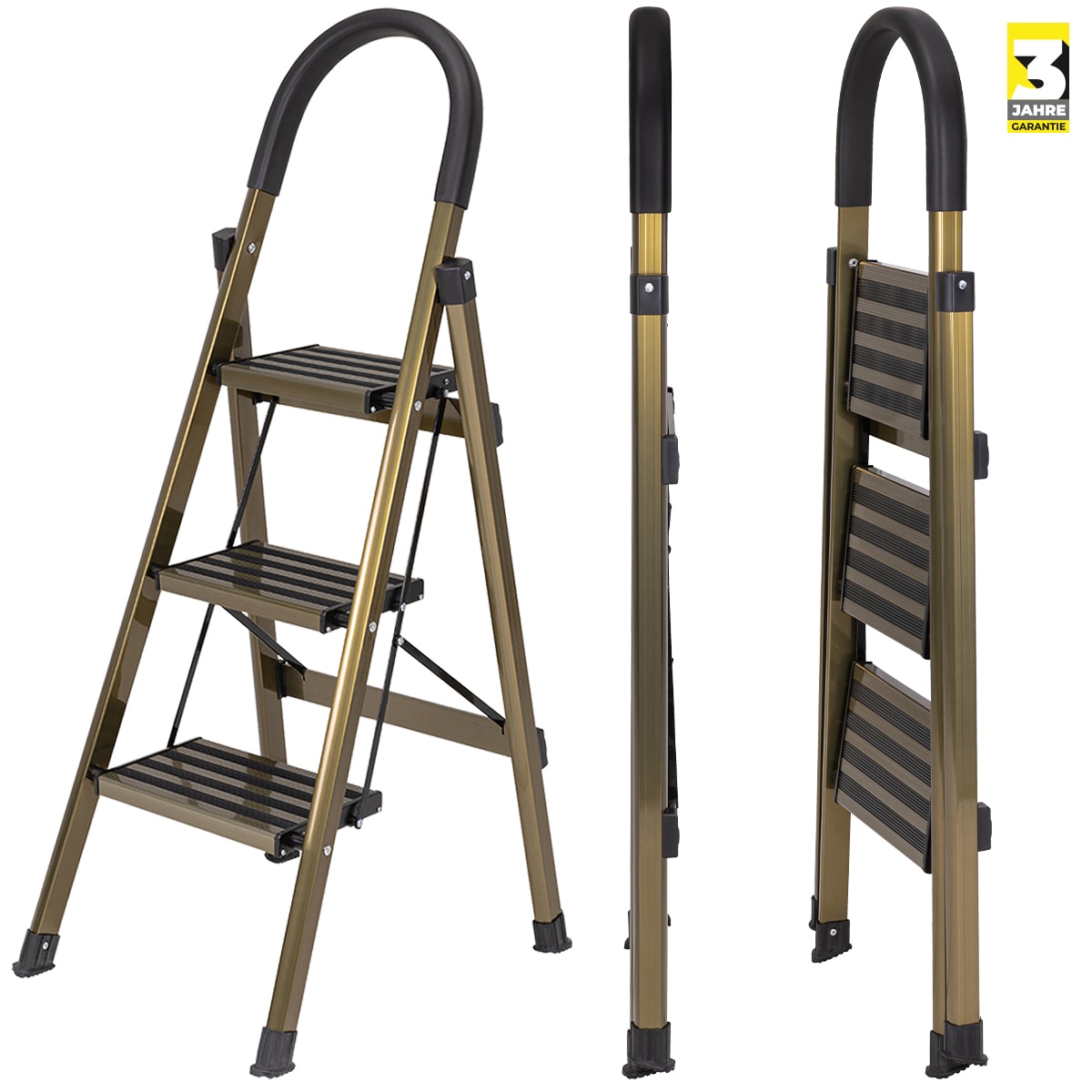 Craftfull Design-Stehleiter CF-134A, Aluminium-Klappleiter, 6cm d&uuml;nn, Champagner/Silber, 3-5 Stufen (3 Stufen Champagner Edition) - Bild 1
