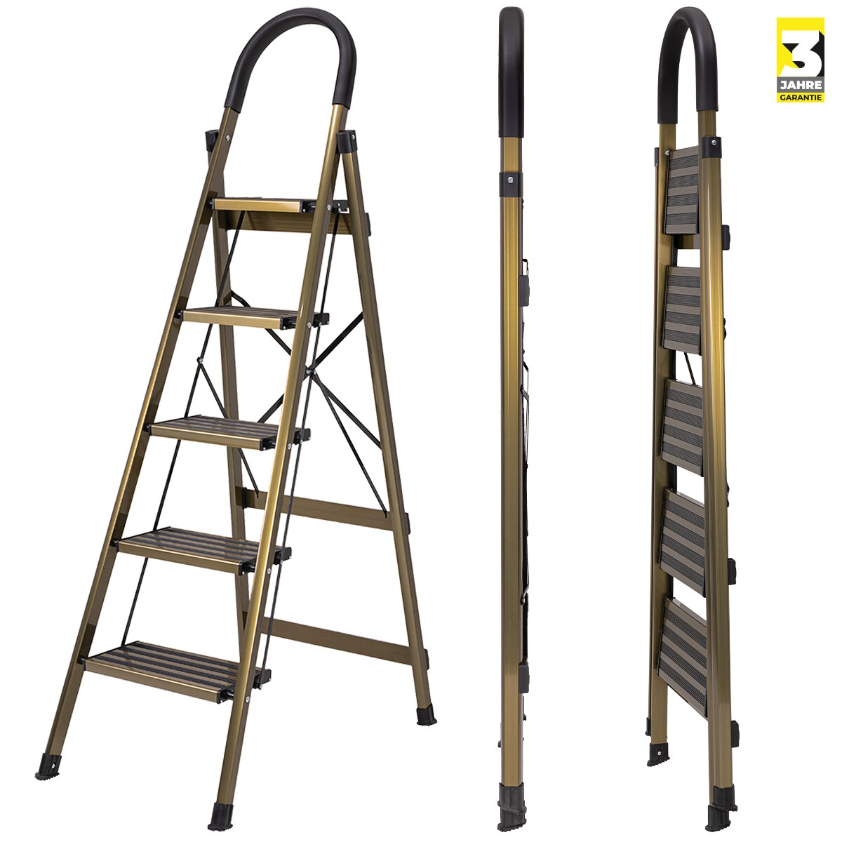 Craftfull Design-Stehleiter CF-134A, Aluminium-Klappleiter, 6cm dünn, Champagner/Silber, 3-5 Stufen (5 Stufen Champagner Edition) | 04056551207241