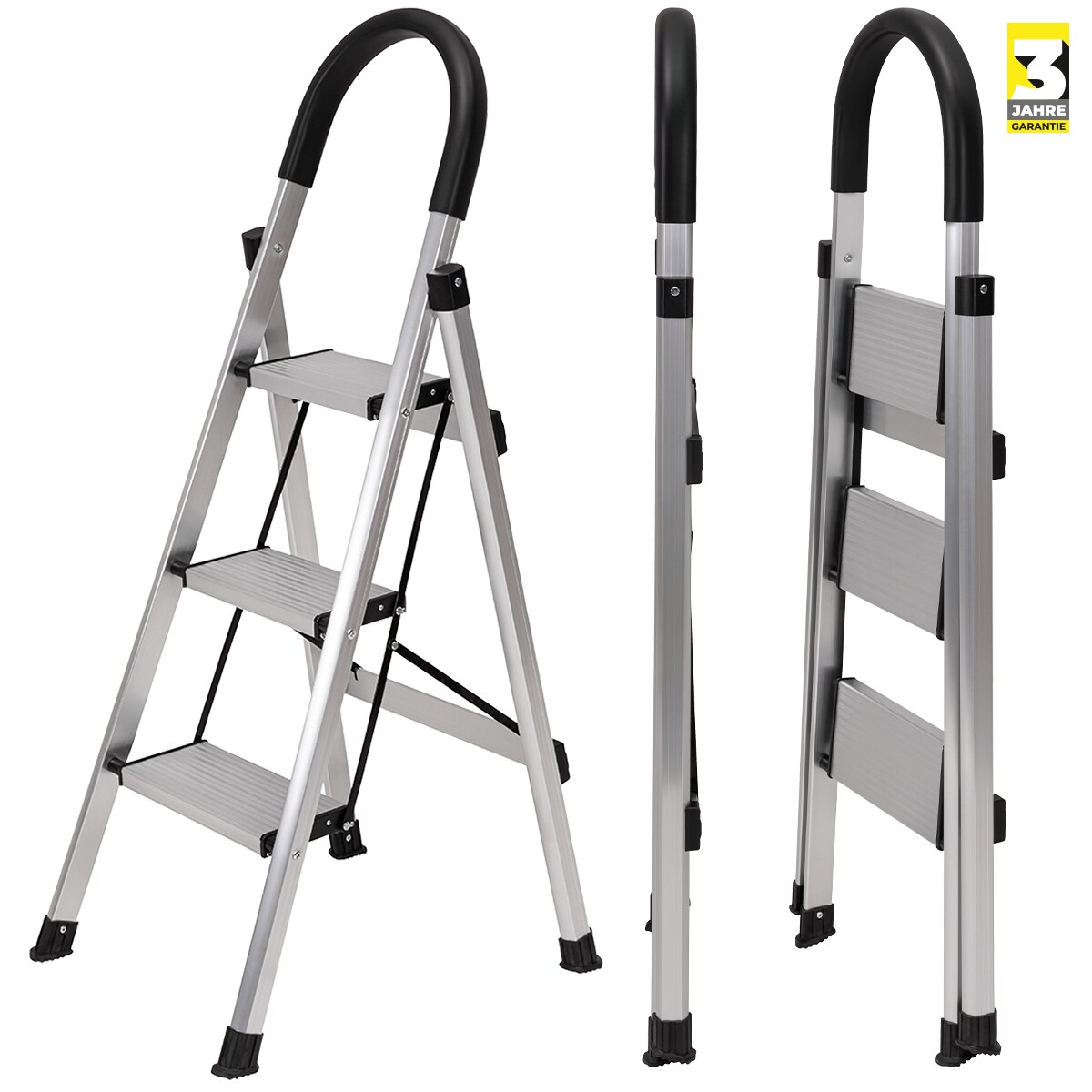 Craftfull Design-Stehleiter CF-134A, Aluminium-Klappleiter, 6cm d&uuml;nn, Champagner/Silber, 3-5 Stufen (3 Stufen Silber) - Bild 1