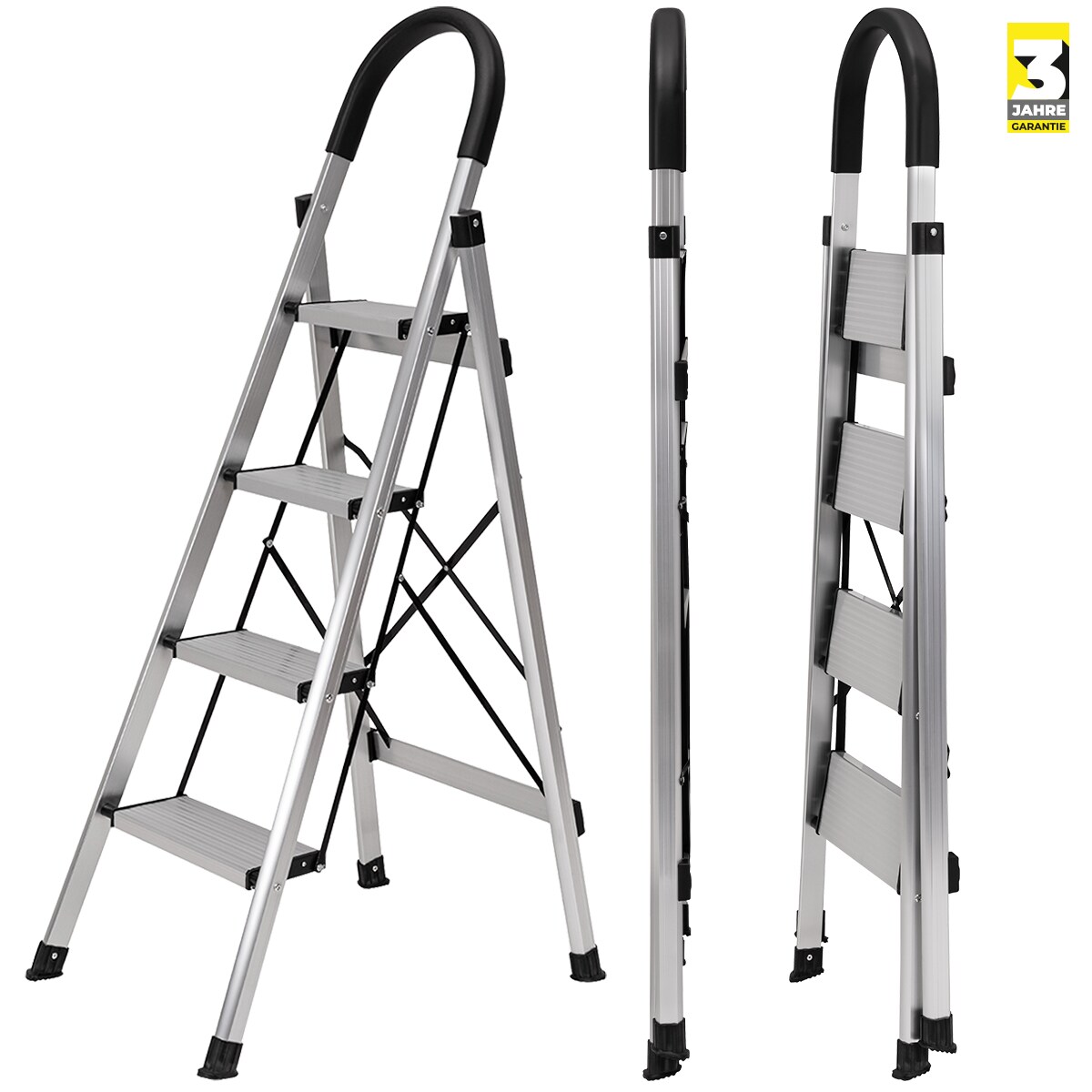 Craftfull Design-Stehleiter CF-134A, Aluminium-Klappleiter, 6cm d&uuml;nn, Champagner/Silber, 3-5 Stufen (4 Stufen Silber) - Bild 1