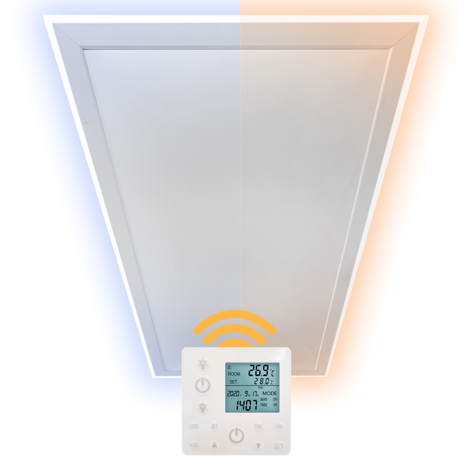 Heidenfeld Infrarot-Deckenheizung HF-HP500 mit Licht, 390-800Watt, 3-20m², Fernbedienung, LED-Rahmen (800 Watt, Wechselbar) | 04056551215499