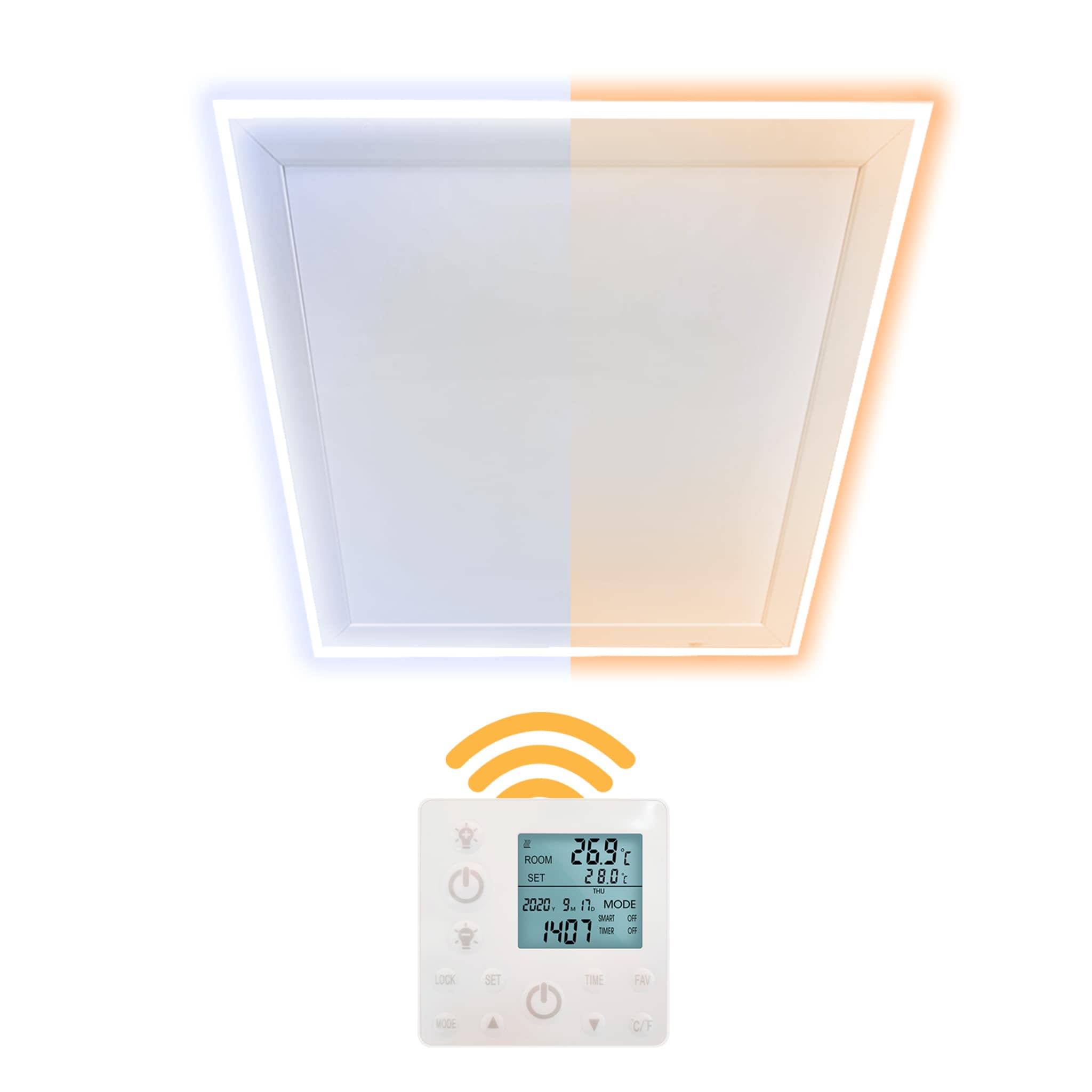 Heidenfeld Infrarot-Deckenheizung HF-HP500 mit Licht, 390-800Watt, 3-20m&sup2;, Fernbedienung, LED-Rahmen (640 Watt, Wechselbar) - Bild 1