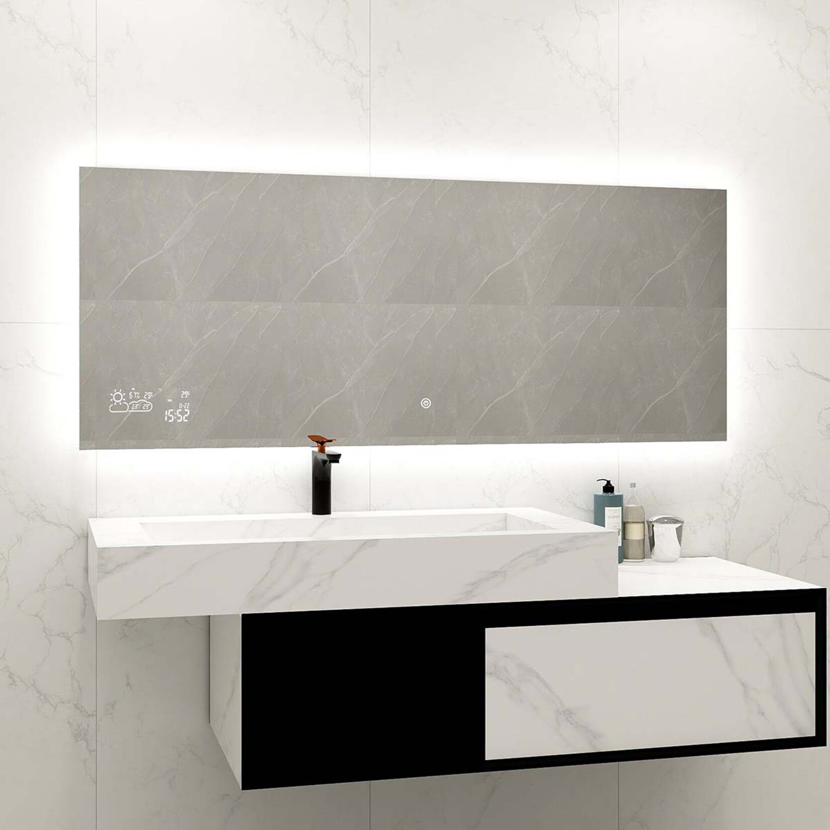 Heidenfeld Infrarot-Spiegelheizung HF-HS200, Wetteranzeige, LED-Licht, 200-500 Watt, Anti-Beschlag (500 Watt) | 04056551215550