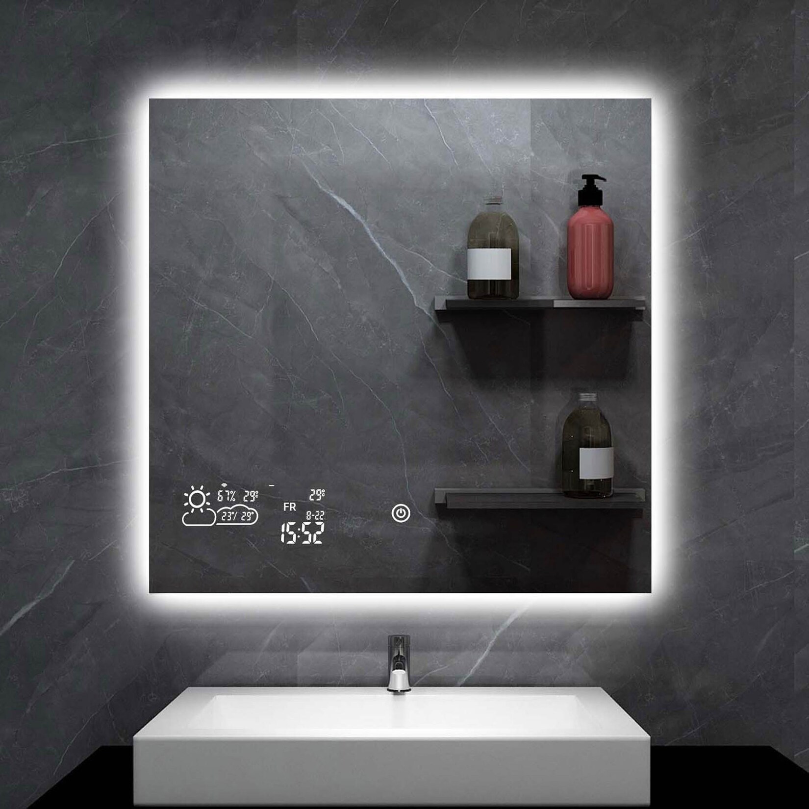 Heidenfeld Infrarot-Spiegelheizung HF-HS200, Wetteranzeige, LED-Licht, 200-500 Watt, Anti-Beschlag (200 Watt)