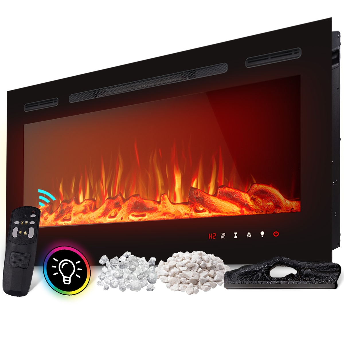 Heidenfeld Elektrokamin HF-WK200, 6 Gr&ouml;&szlig;en, wei&szlig;/schwarz, Wandeinbau, 3D-Flammeneffekt in 10 Farben (Schwarz, 92 x 55 cm) - Bild 1