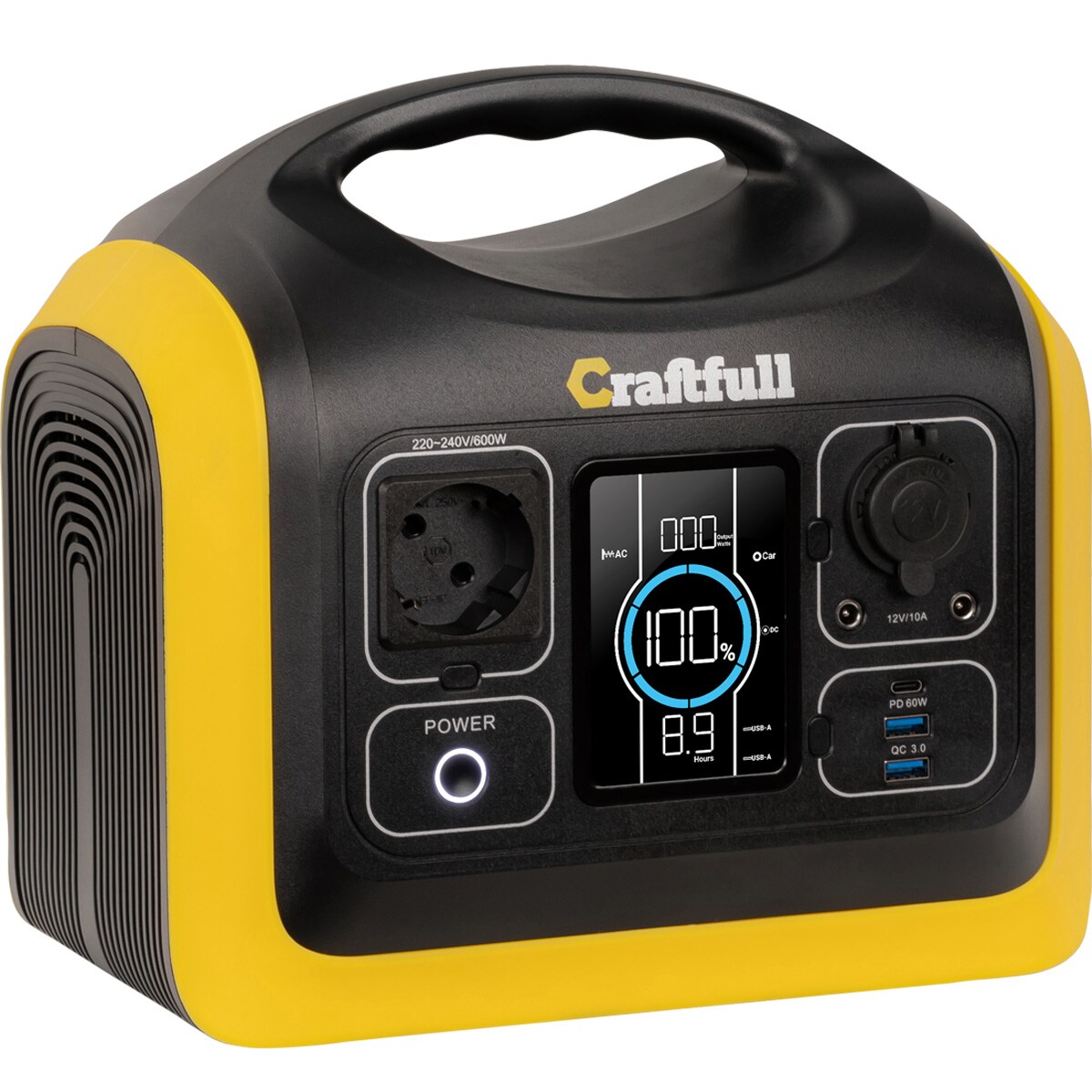 Craftfull Powerstation Adventure CP-600, 595 Wh, 600 Watt, tragbar, Lithium-Akku, Steckdose, USB (Schwarz/Gelb) - Bild 1