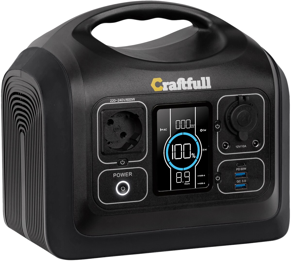 Craftfull Powerstation Adventure CP-600, 595 Wh, 600 Watt, tragbar, Lithium-Akku, Steckdose, USB (Schwarz) | 04056551245458