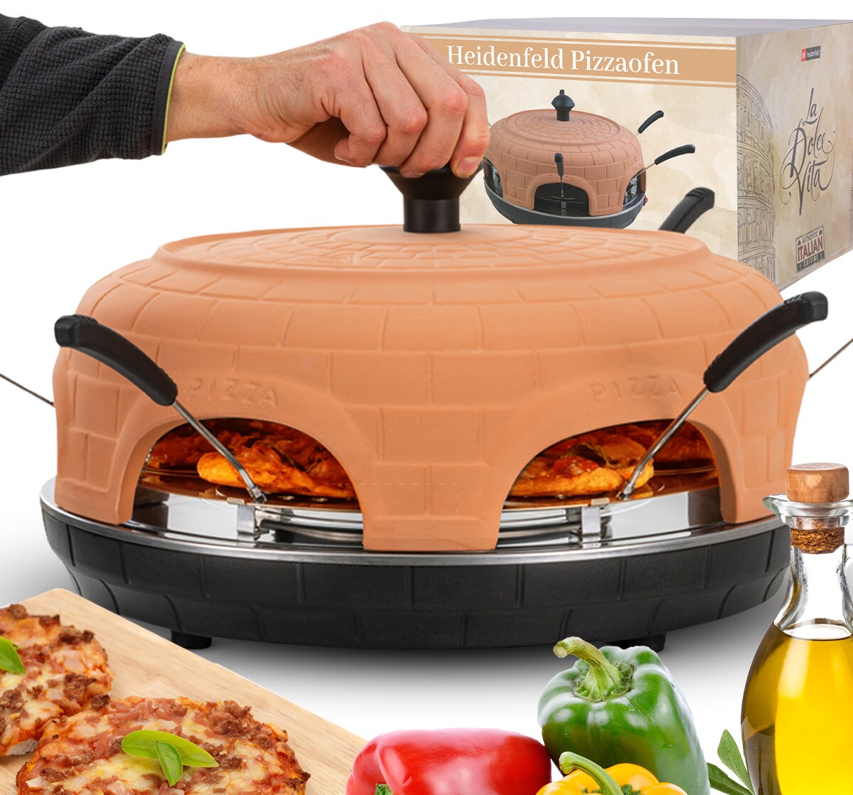 Heidenfeld Mini-Pizzaofen Pizzachef, Pizzadom für 6 Personen, Terrakotta-Kuppel, 1.100 Watt