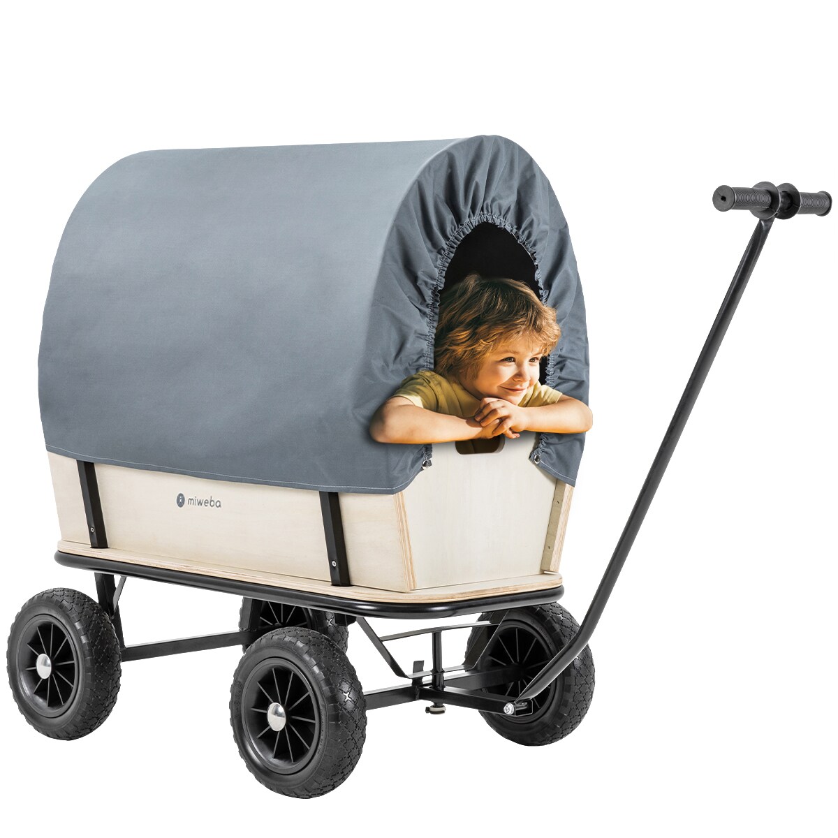 Miweba Holz-Bollerwagen Canvas, mit Dach, deichselgeführte Lenkachse, 180 kg, Profilreifen, Stahl