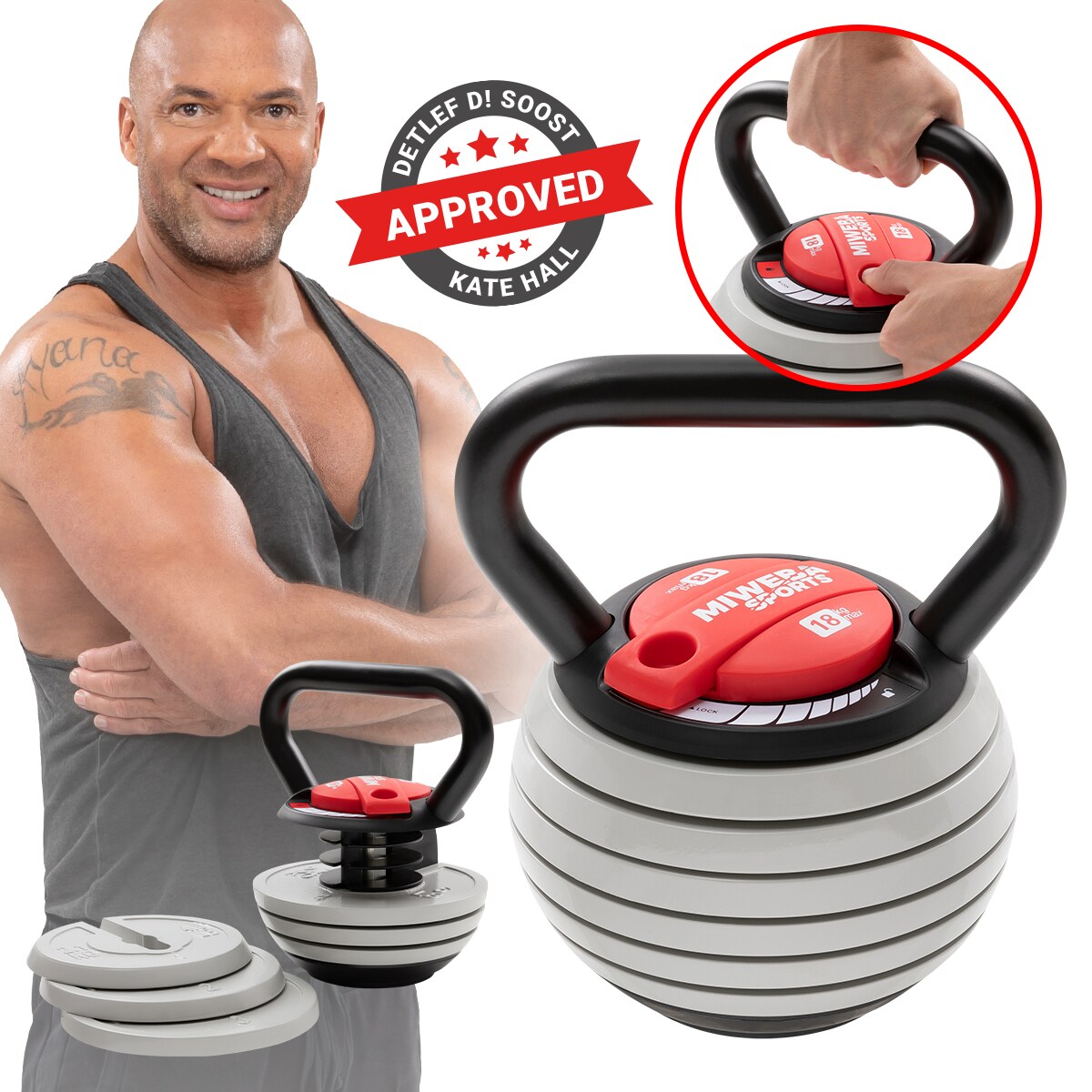 Miweba Sports Kettlebell KB300, verstellbar, 3,4-18 kg, 6 Gewichtscheiben, Easy-Lock-Mechanismus