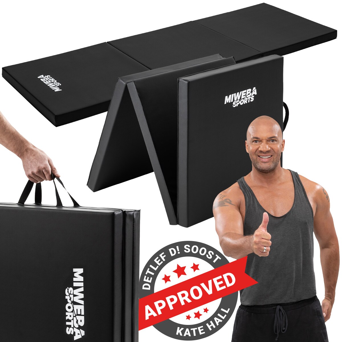 Miweba Sports Gymnastikmatte GM100, faltbar, rutschfest, Turnmatte für zuhause, Tragegriffe, PVC (Schwarz)