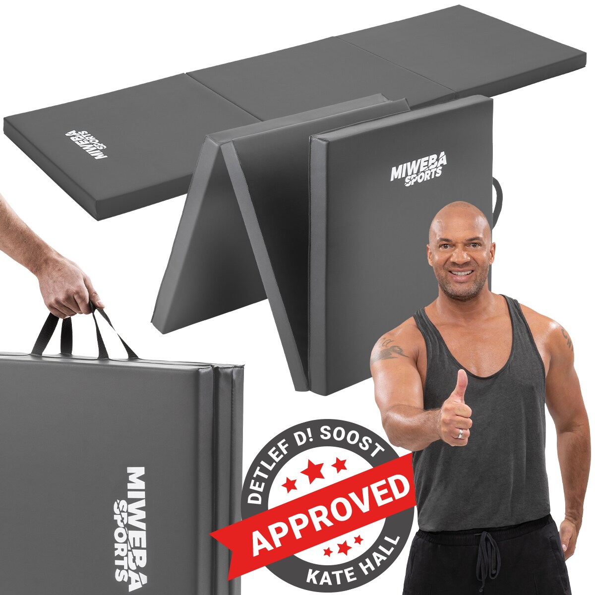 Miweba Sports Gymnastikmatte GM100, faltbar, rutschfest, Turnmatte für zuhause, Tragegriffe, PVC (Grau)