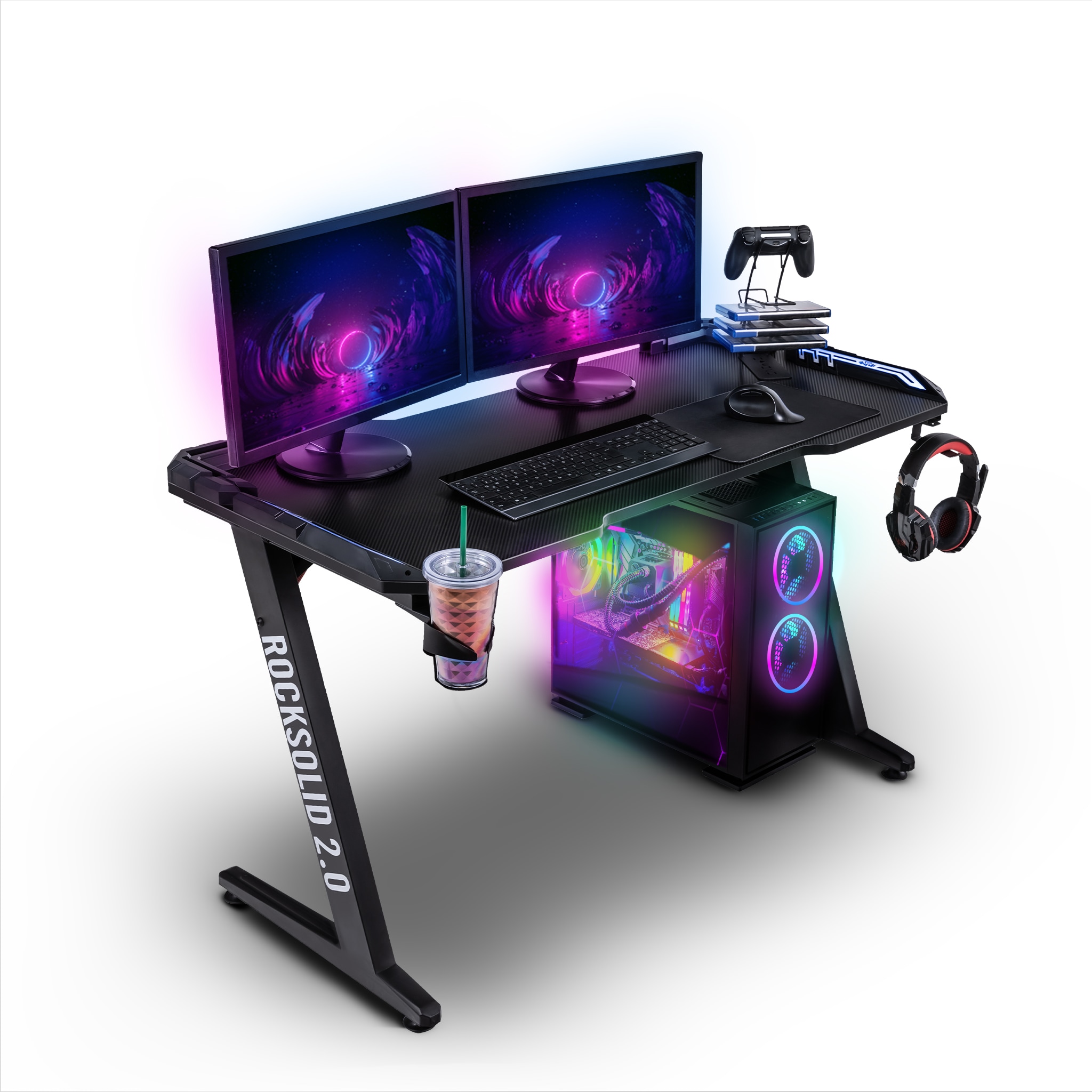 Elite Gaming-Tisch ROCKSOLID 2.0, Schreibtisch mit RGB-Beleuchtung, Carbon, Controller-Halterung uvm (2.0) - Bild 1