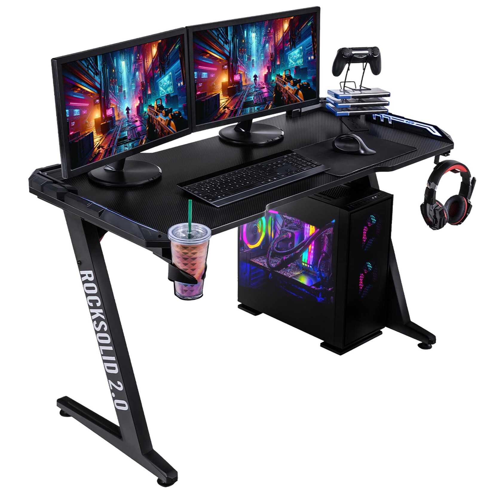 Elite Gaming-Tisch ROCKSOLID 2.0, Schreibtisch mit RGB-Beleuchtung, Carbon, Controller-Halterung uvm (EVO) | 04056551267498