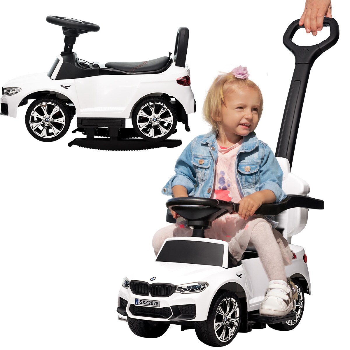 Rutschauto BMW M5, lizenziert, Schiebestange, ab 1 Jahr, Schaukelfunktion, Musik, EVA-Reifen, LED (Weiß)