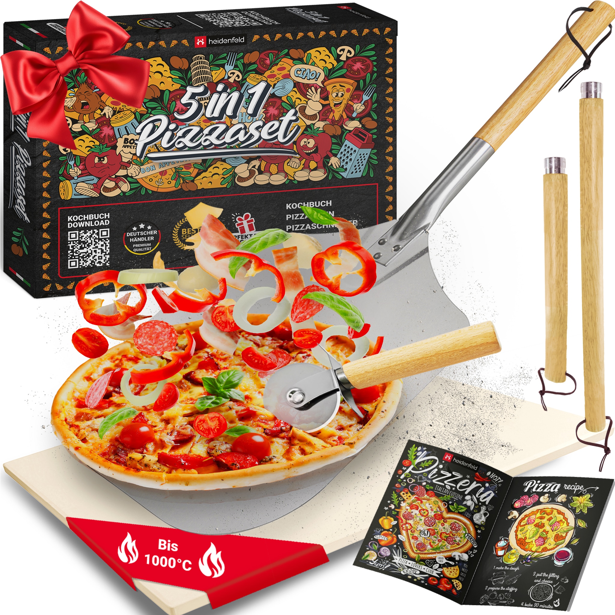 Heidenfeld 5in1 Pizza-Set, Pizzastein, 2in1 Pizzaschieber, Pizzaschneider, Holzgriffe, Pizza-Zubeh&ouml;r - Bild 1