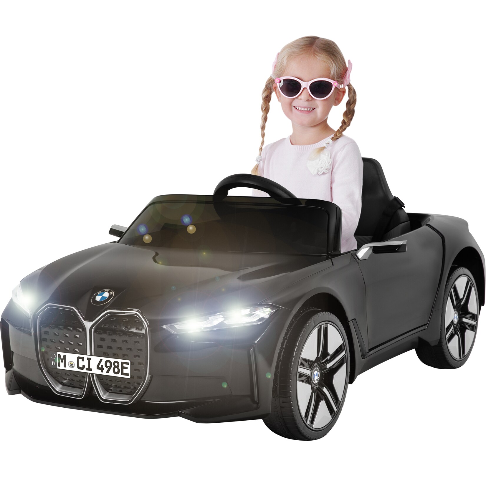 Kinder-Elektroauto BMW i4, Fernbedienung, LED-Beleuchtung, Soft-Start-Funktion (Schwarz)