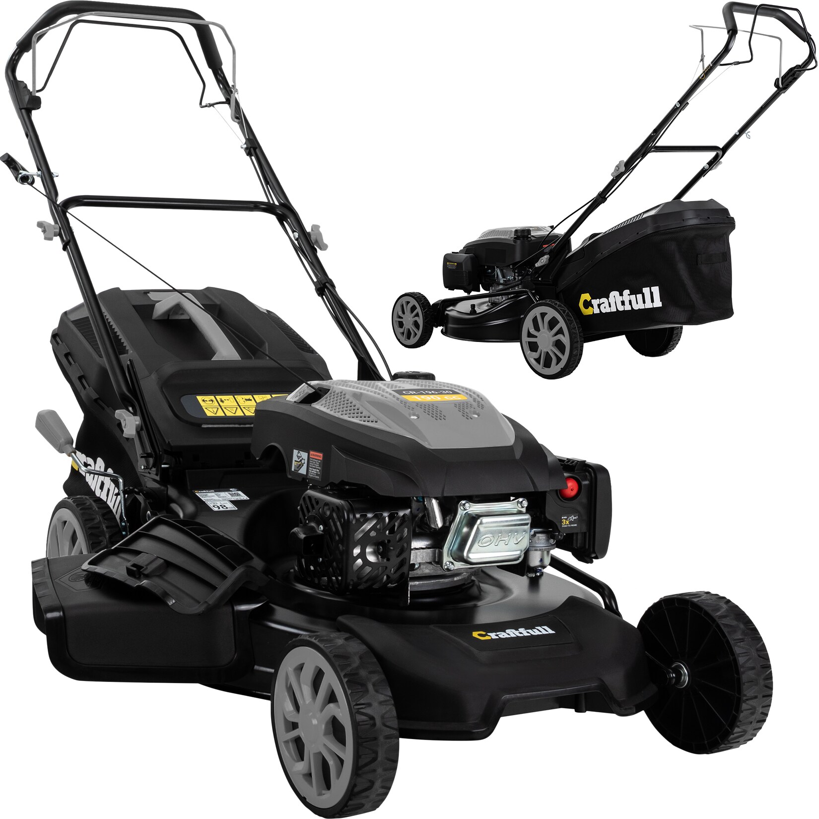 Craftfull Premium Benzin-Rasenmäher CR-196-30, 190cm³ Motor, DF-Leichtlaufgetriebe, 4,4 kW (Schwarz/Grau)