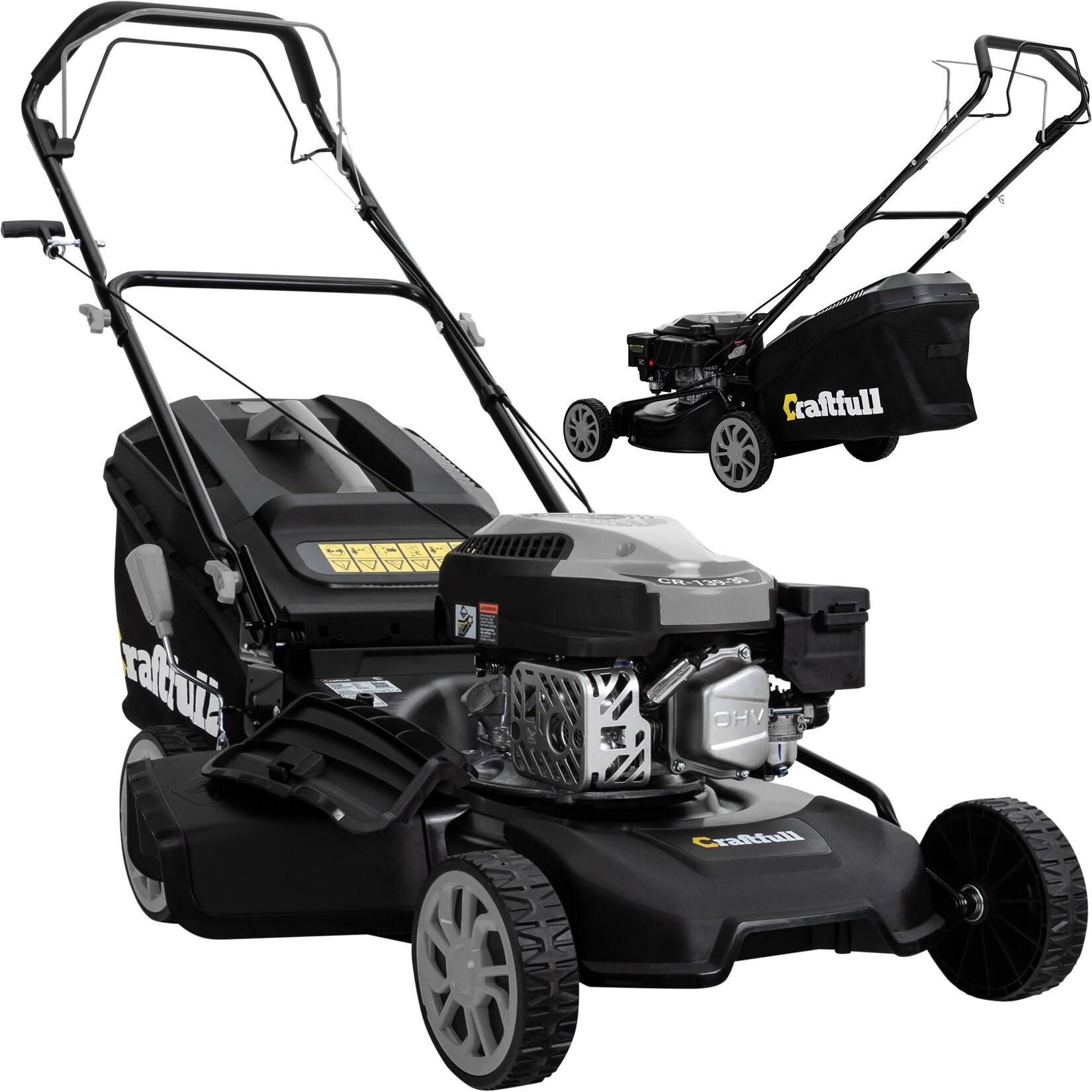Craftfull Premium Benzin-Rasenmäher CR-139-30, Selbstfahrantrieb, 144cm³ Motor, 4in1-System (Schwarz/Grau)