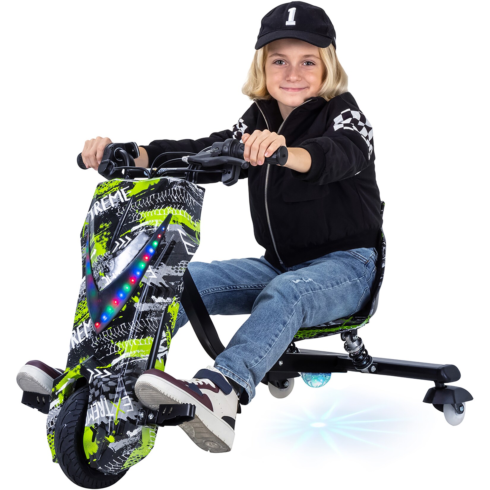 Elektro-Drift-Trike für Kinder, Drift-Scooter 2.0, bis zu 15km/h, drosselbar, Hupe, LED-Driftrollen (Grün Polo)