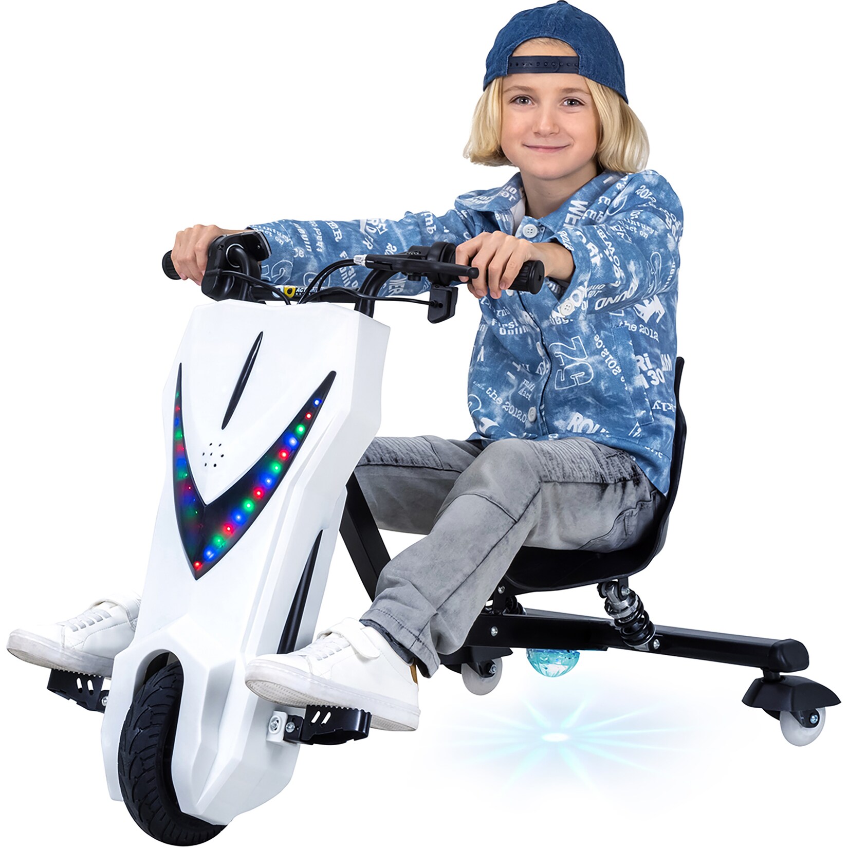 Elektro-Drift-Trike für Kinder, Drift-Scooter 2.0, bis zu 15km/h, drosselbar, Hupe, LED-Driftrollen (Weiß Matt)