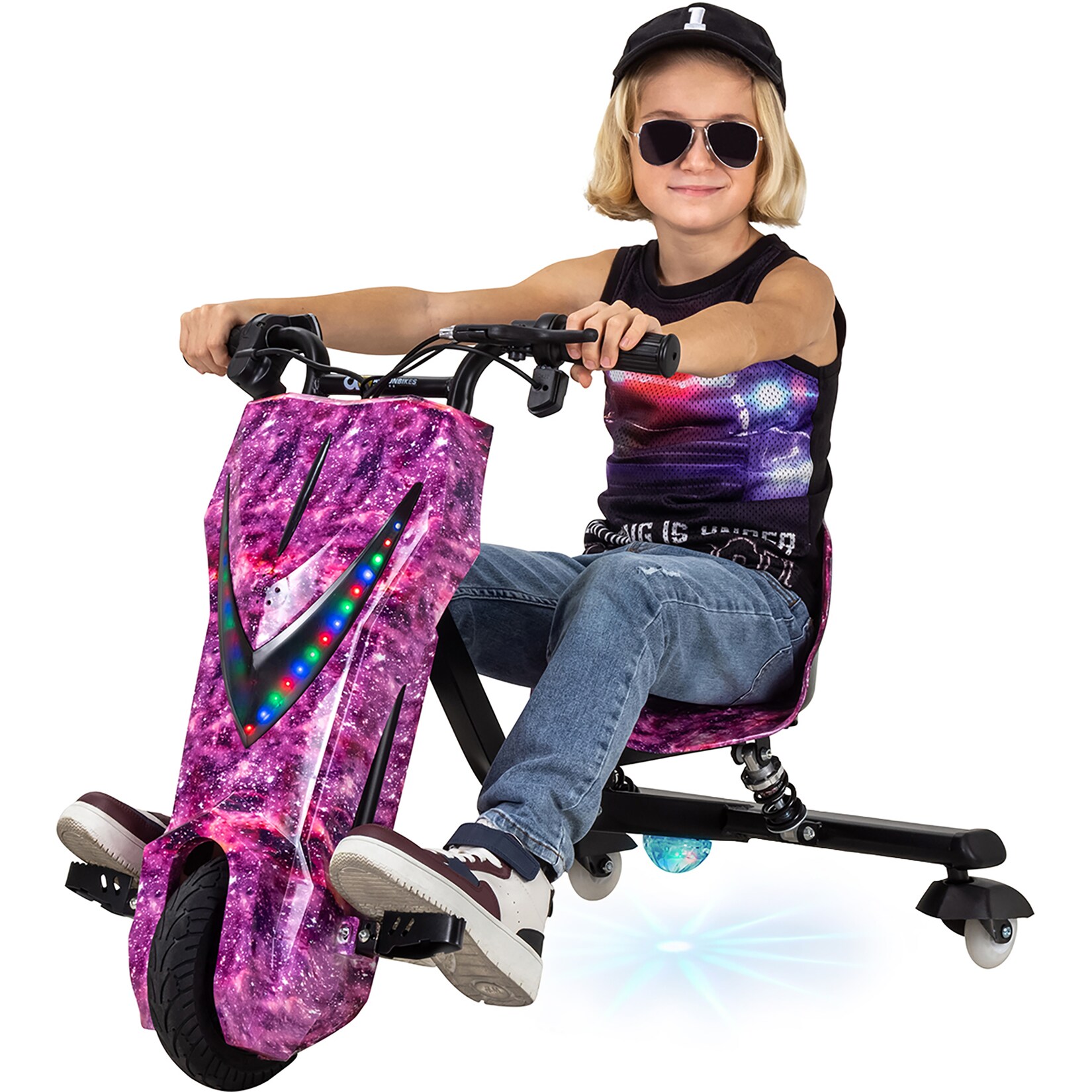 Elektro-Drift-Trike für Kinder, Drift-Scooter 2.0, bis zu 15km/h, drosselbar, Hupe, LED-Driftrollen (Space Purple)