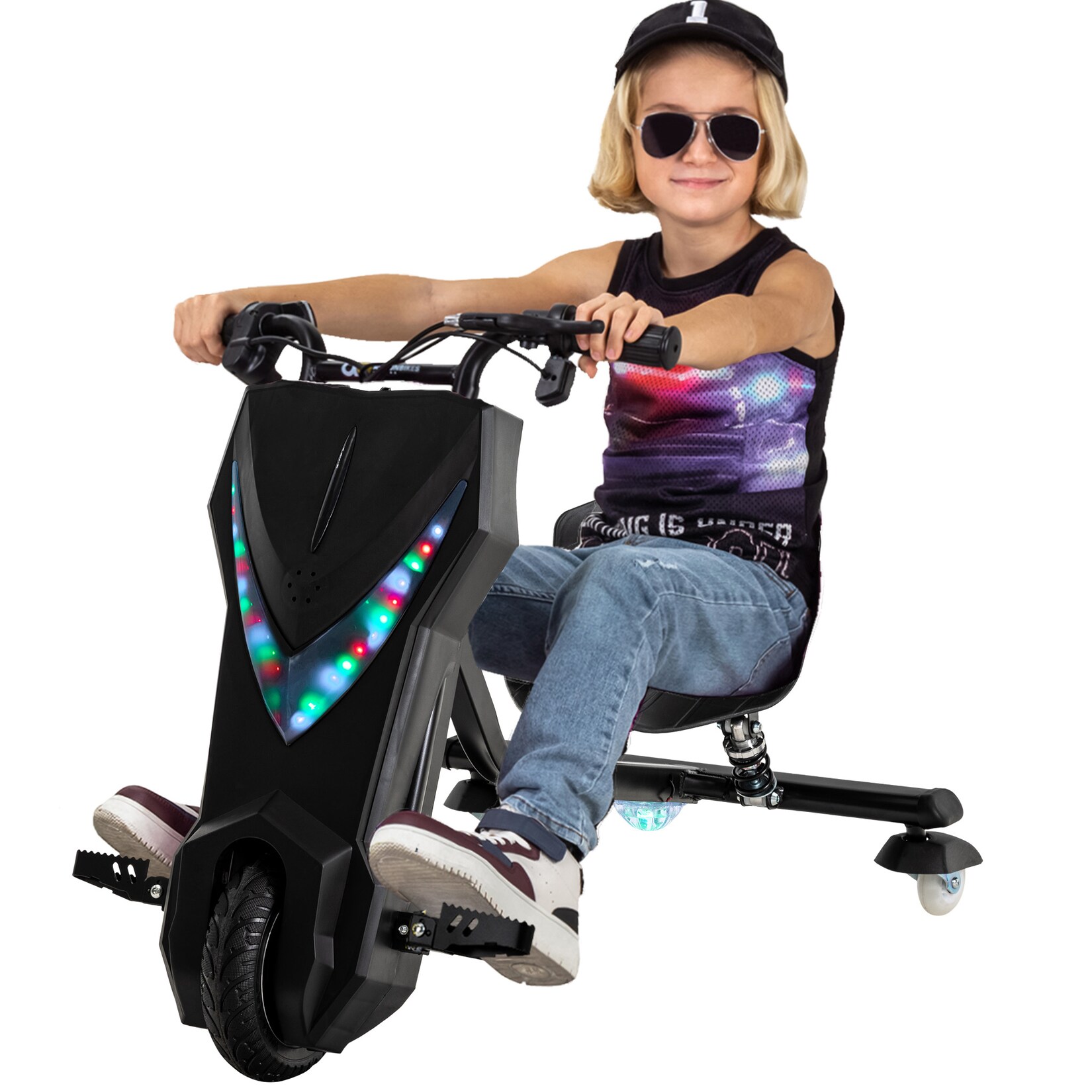 Elektro-Drift-Trike für Kinder, Drift-Scooter 2.0, bis zu 15km/h, drosselbar, Hupe, LED-Driftrollen (Schwarz)