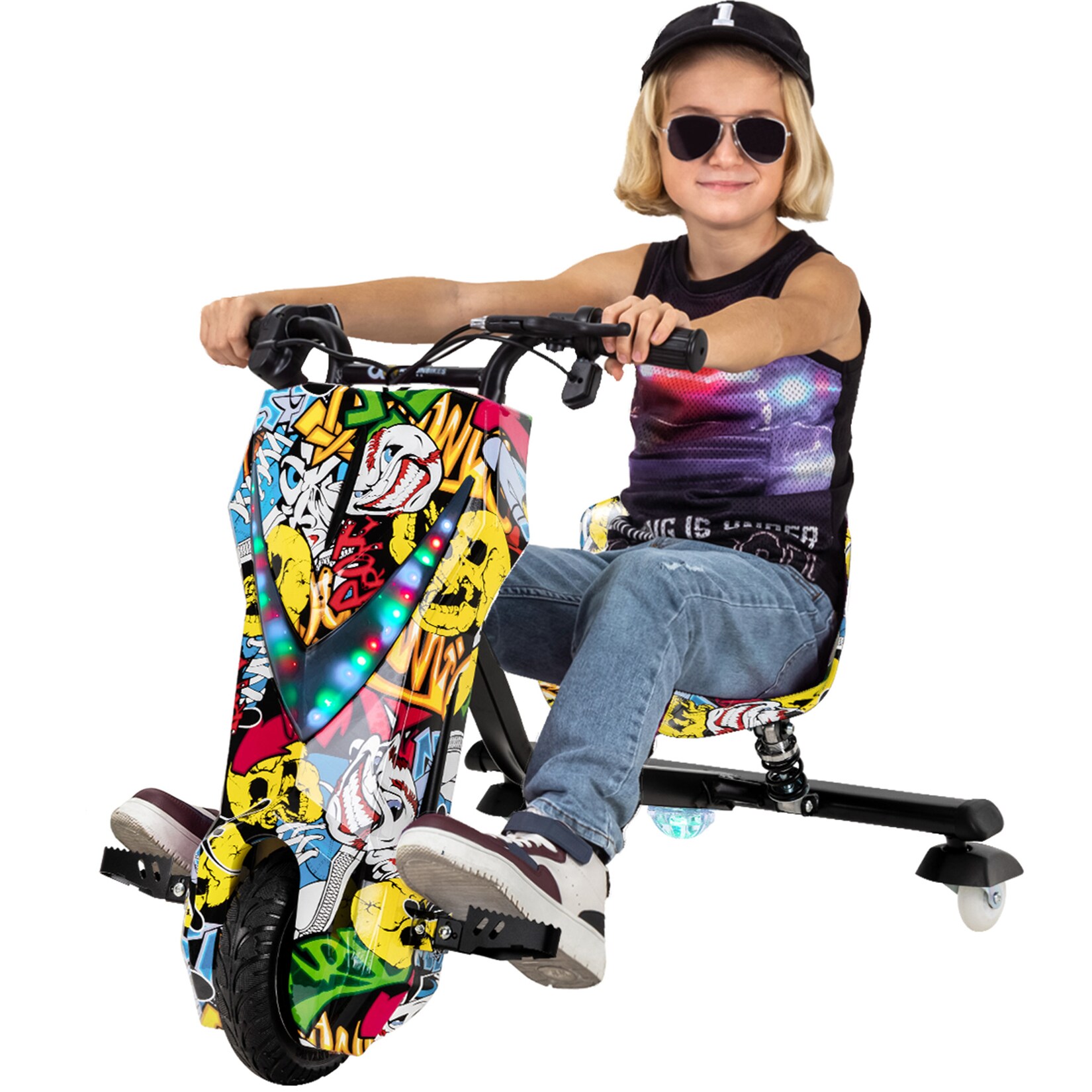 Elektro-Drift-Trike für Kinder, Drift-Scooter 2.0, bis zu 15km/h, drosselbar, Hupe, LED-Driftrollen (Gelb Graffiti)