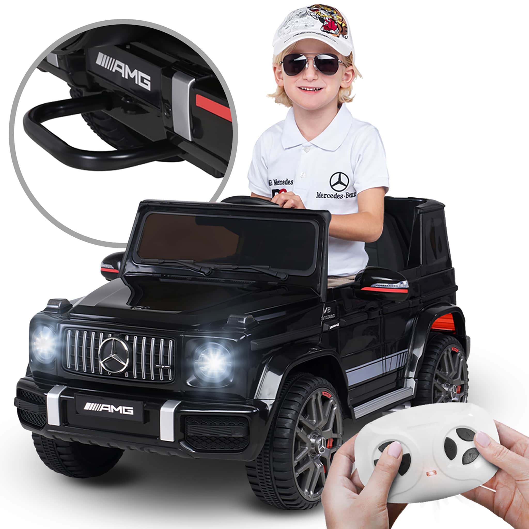 Kinder-Elektroauto Mercedes AMG G63 W464, Bremsautomatik, 3-5 km/h, Soft-Start, LED, Fernbedienung (Schwarz) - Bild 1