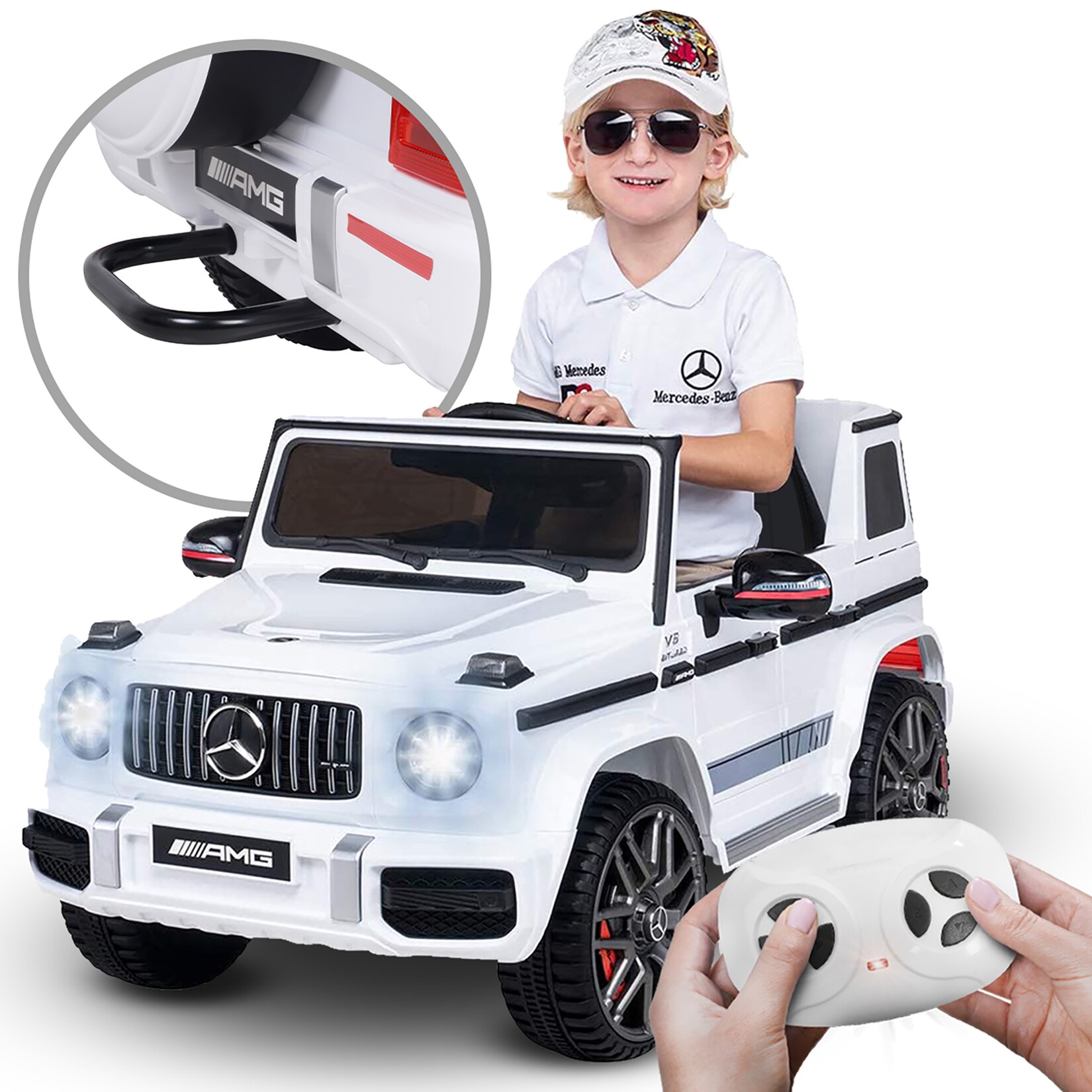 Kinder-Elektroauto Mercedes AMG G63 W464, Bremsautomatik, 3-5 km/h, Soft-Start, LED, Fernbedienung (Weiß)