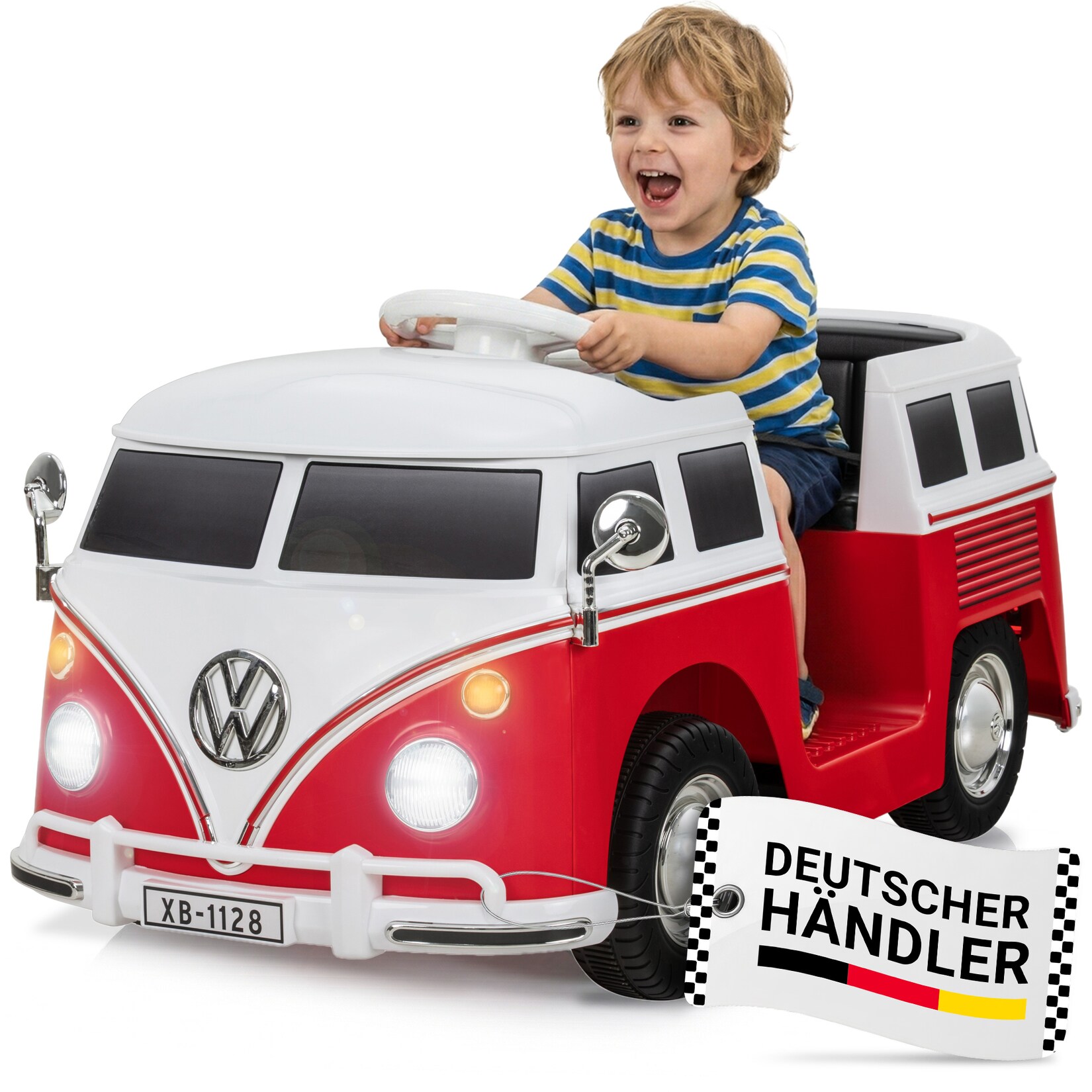 Kinder-Elektroauto VW T1 Camper Bus, Bremsautomatik, 3-5 km/h, Soft-Start, LED, Fernbedienung