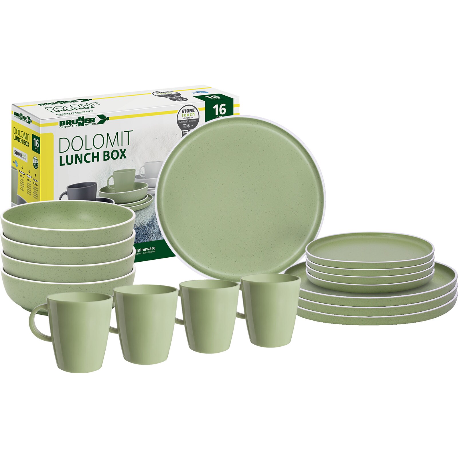 BRUNNER Melamin Geschirr Set Lunch Box Dolomit Stone Touch Camping Teller 16tlg Farbe: Weiß