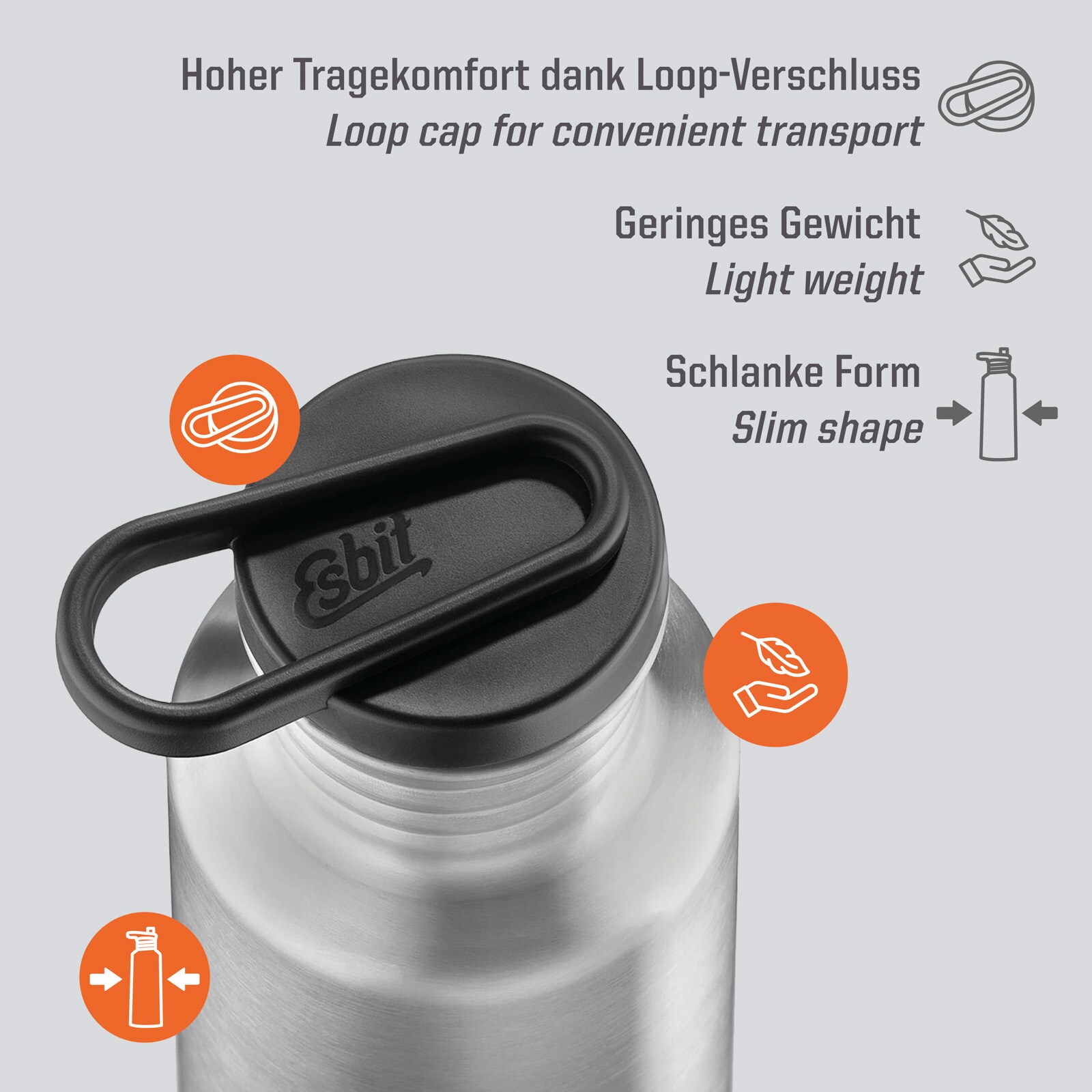 Esbit Trinkflasche ‚Majoris‘, 0,68 Liter, Edelstahl Grau | Auslaufsicher, Mit Loop-Verschluss