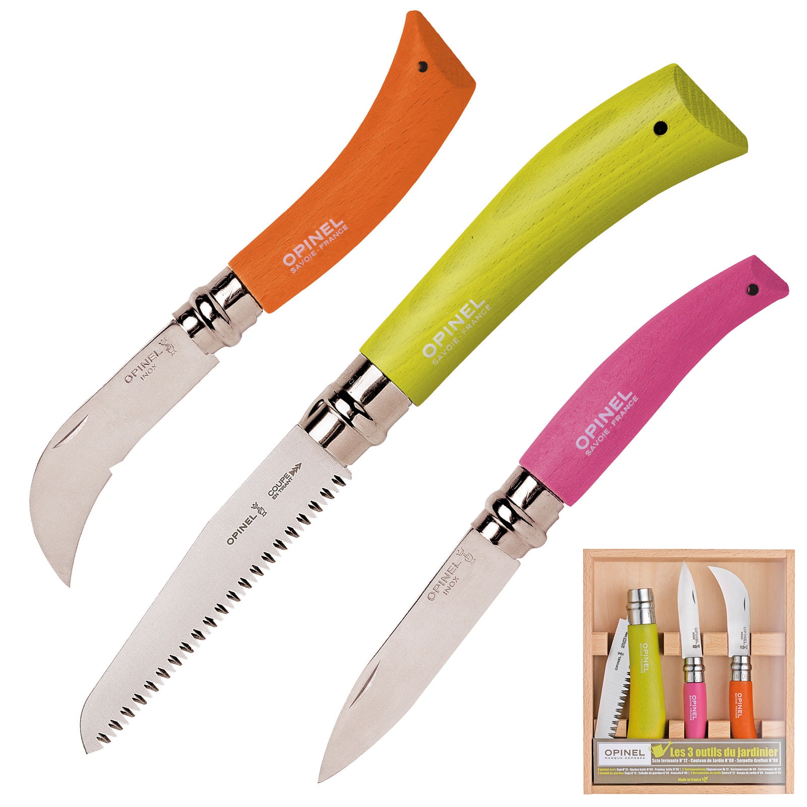 OPINEL G&auml;rtner Messer Set Gartenmesser Gartenhippe S&auml;ge Blumenmesser Stahl Holz - Bild 1