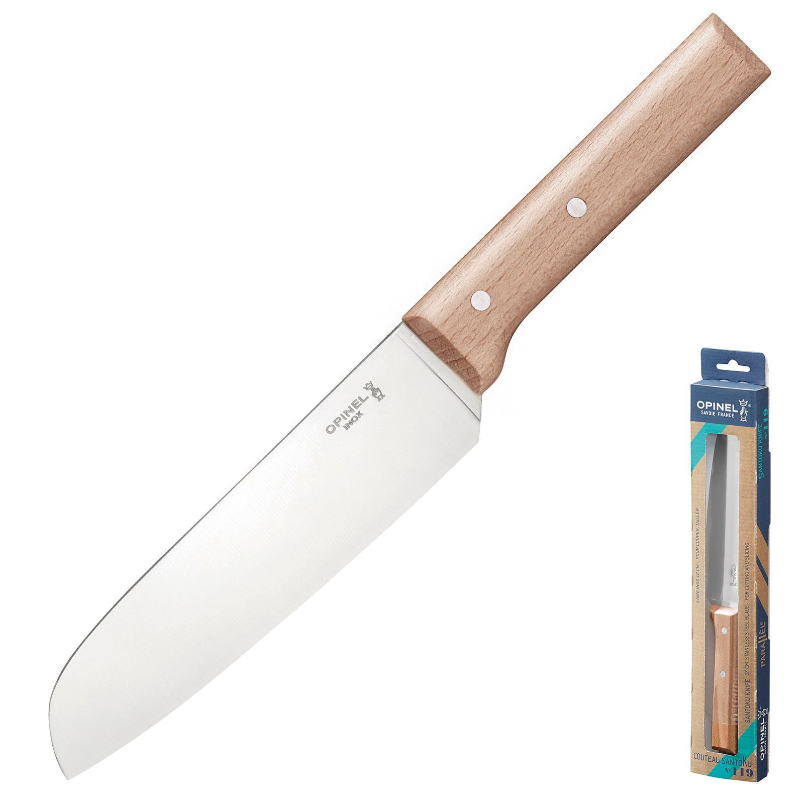OPINEL Parallele Santoku K&uuml;chenmesser Kochmesser Fleisch Fisch Messer Holzgriff - Bild 1