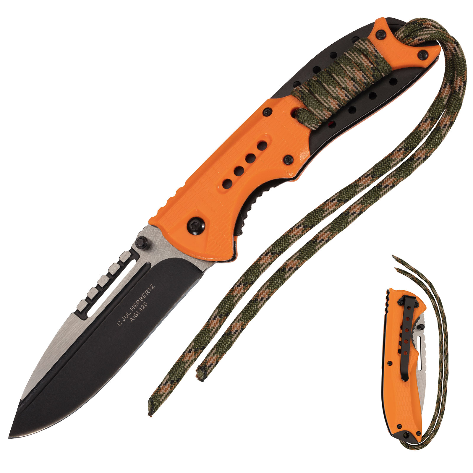 HERBERTZ Einhandmesser Orange Survival Klappmesser Paracord Taschenmesser AISI - Bild 1