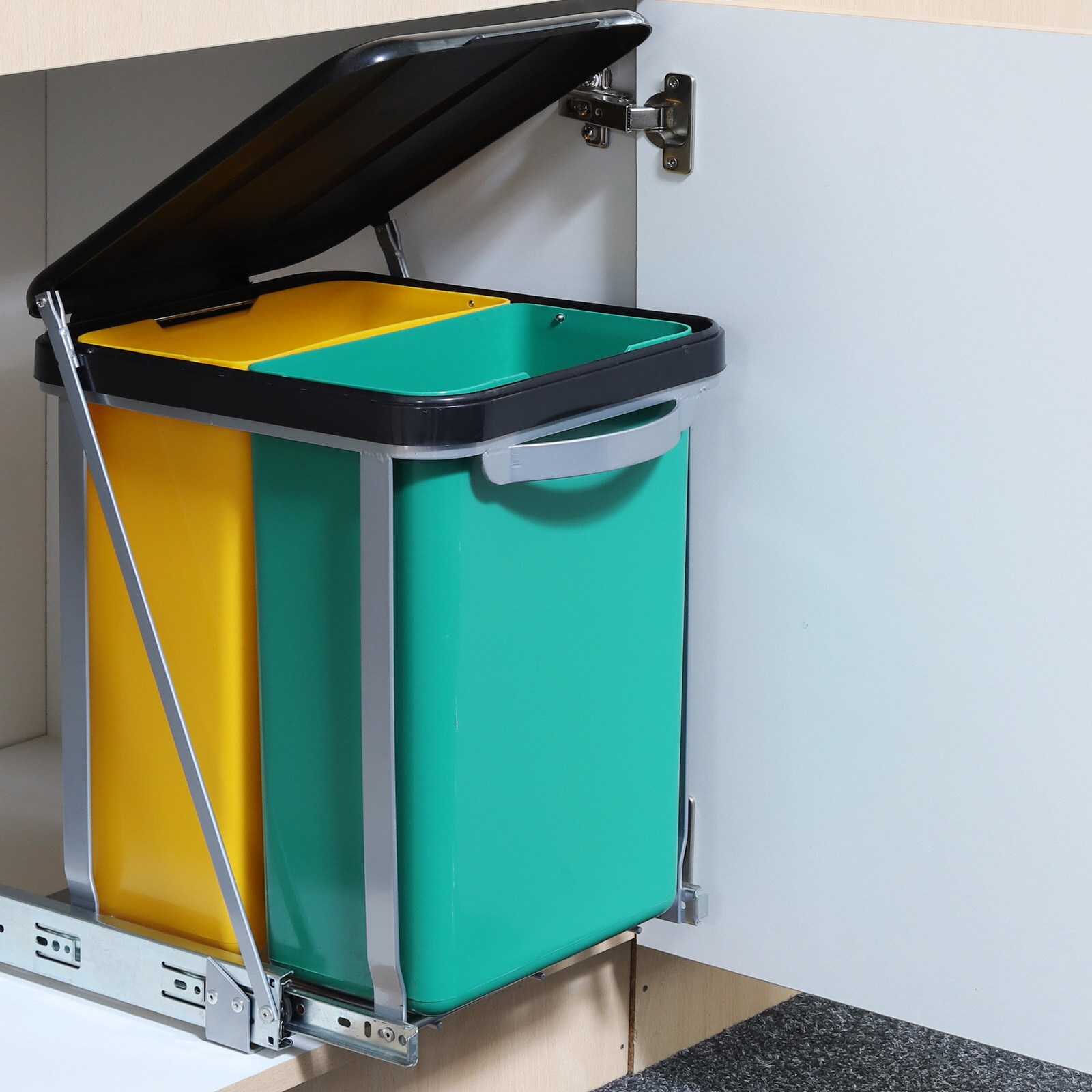 HI Teleskop Doppel M&uuml;ll Eimer Duo K&uuml;chen Schrank Einbau Auszug Abfall Trenner - Bild 1