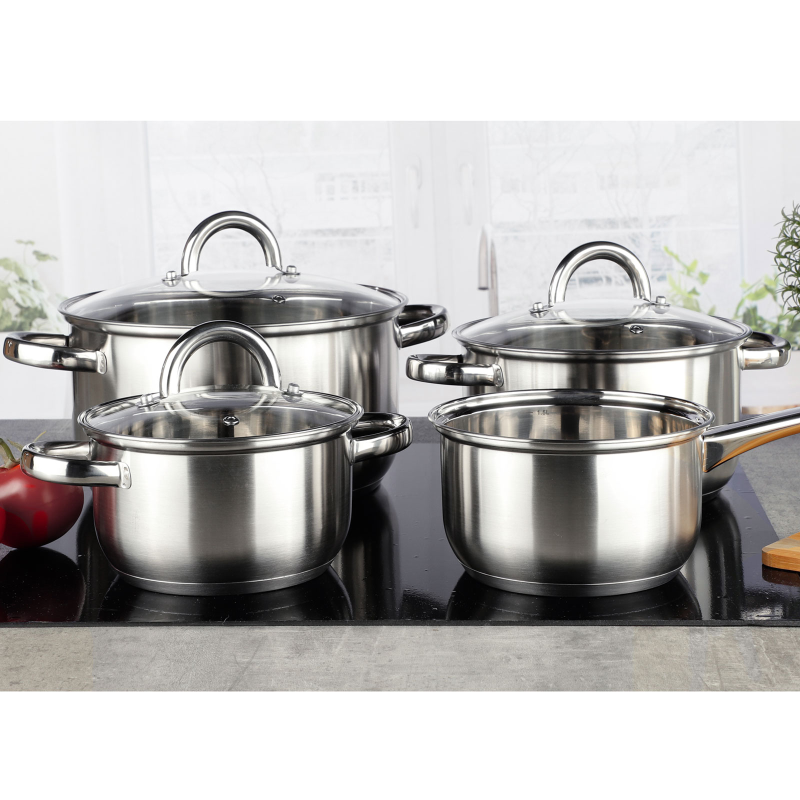 HI Koch Topf Set 7tlg. Glas Deckel Induktion Geschirr Kasserolle Griff Edelstahl - Bild 1