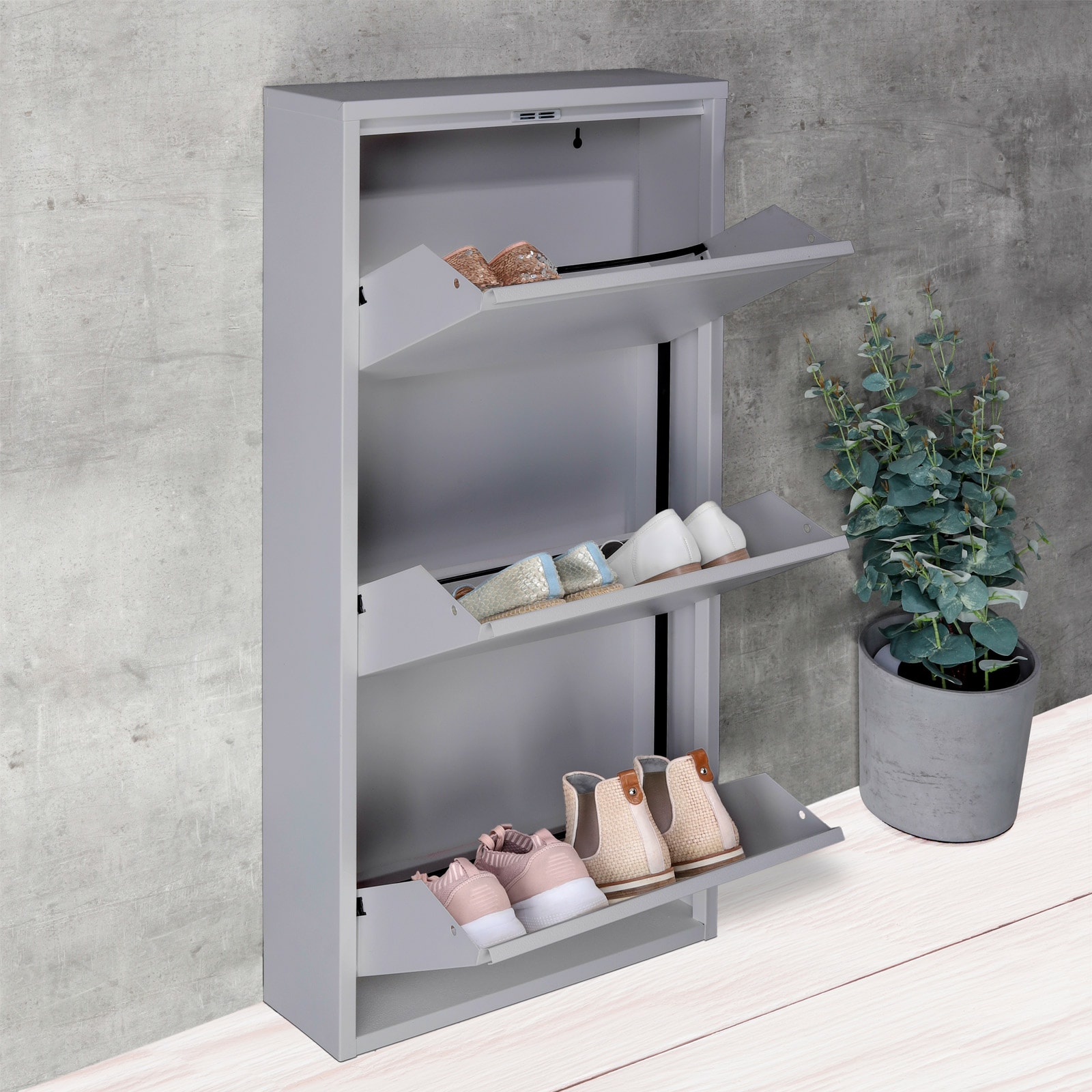 HI Schuh Kipper Regal Flur Schrank Kommode Ablage Schublade 3 F&auml;cher Metall Grau - Bild 1