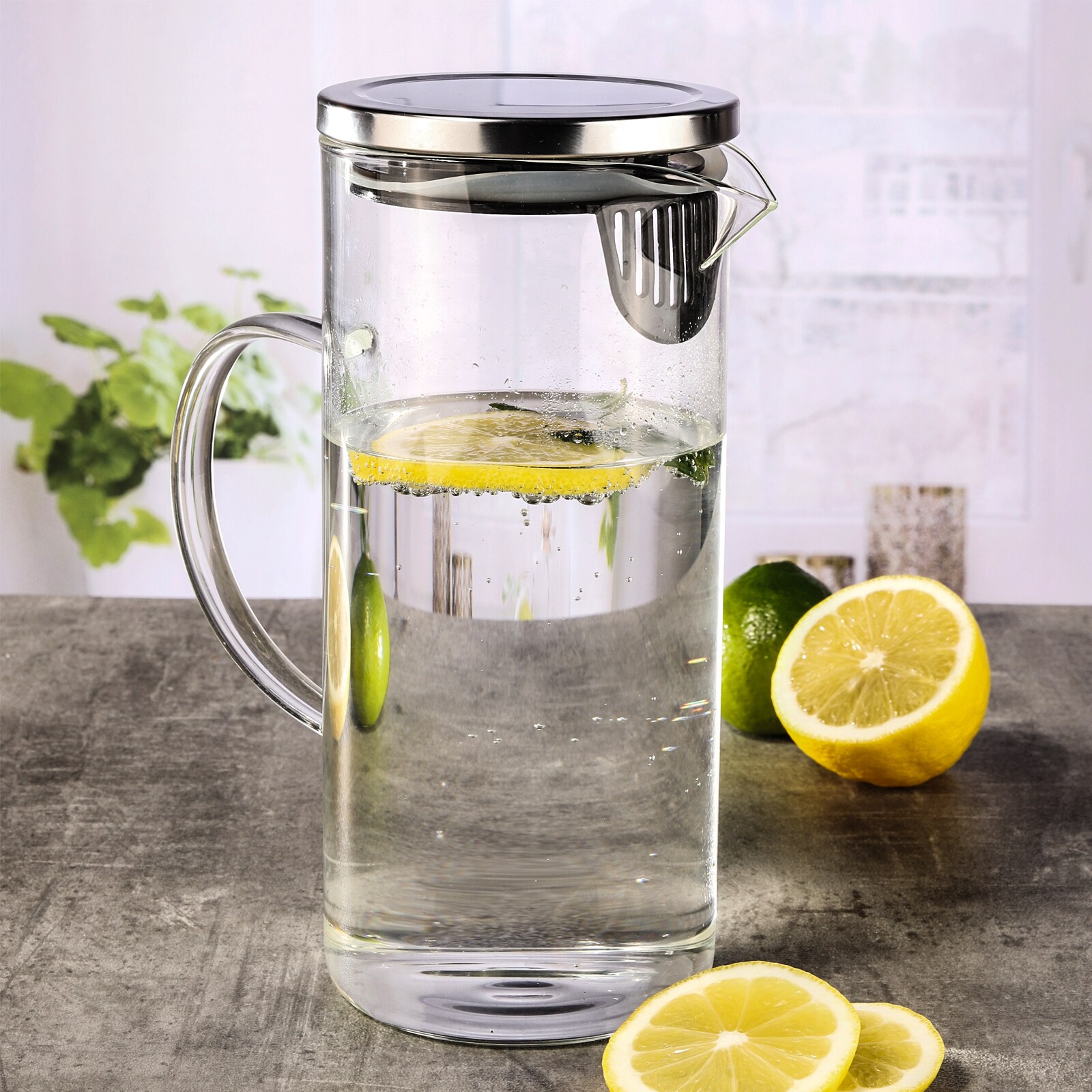HI Glaskaraffe Wasser Karaffe Glas Kühlschrank Krug Saft Filter Griff Deckel online kaufen bei Netto