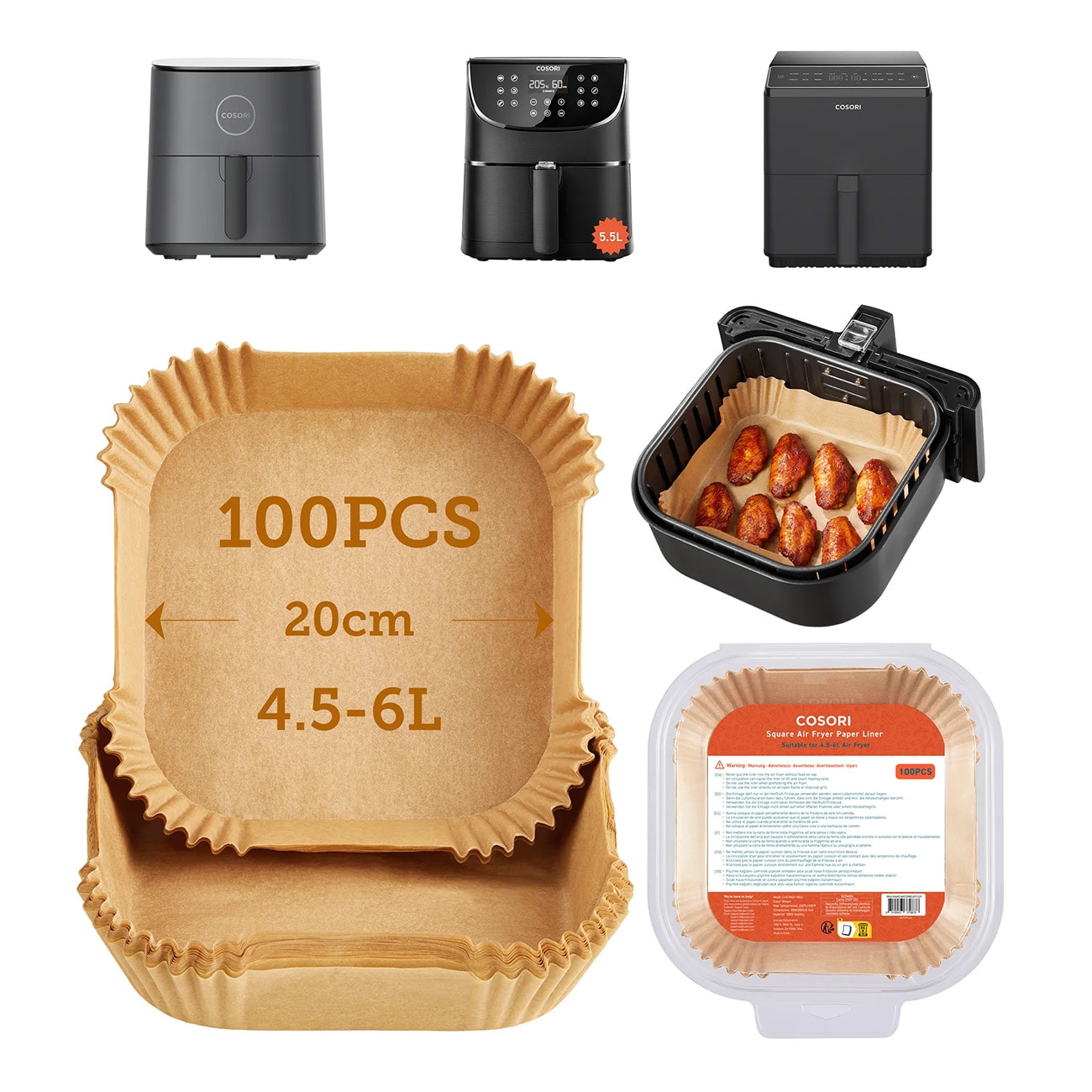 Cosori 6,0-Liter-Vierkant-Luftfritteuse Papiereinlage braun K&uuml;chen-Zubeh&ouml;r - Bild 1