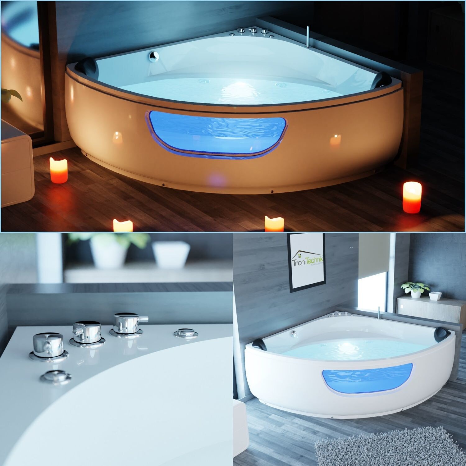 TroniTechnik® Whirlpool Badewanne Eckwhirlpool PAROS 135cm x 135cm, vormontiert, Acrylwanne 2 Pers., 12 Düsen, Sanitäracryl | 04062048004019